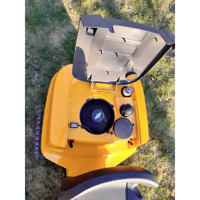 Tondeuse à gazon jaune vue du dessus, capot moteur ouvert. Le moteur est visible, et la tondeuse est posée sur de l'herbe verte.