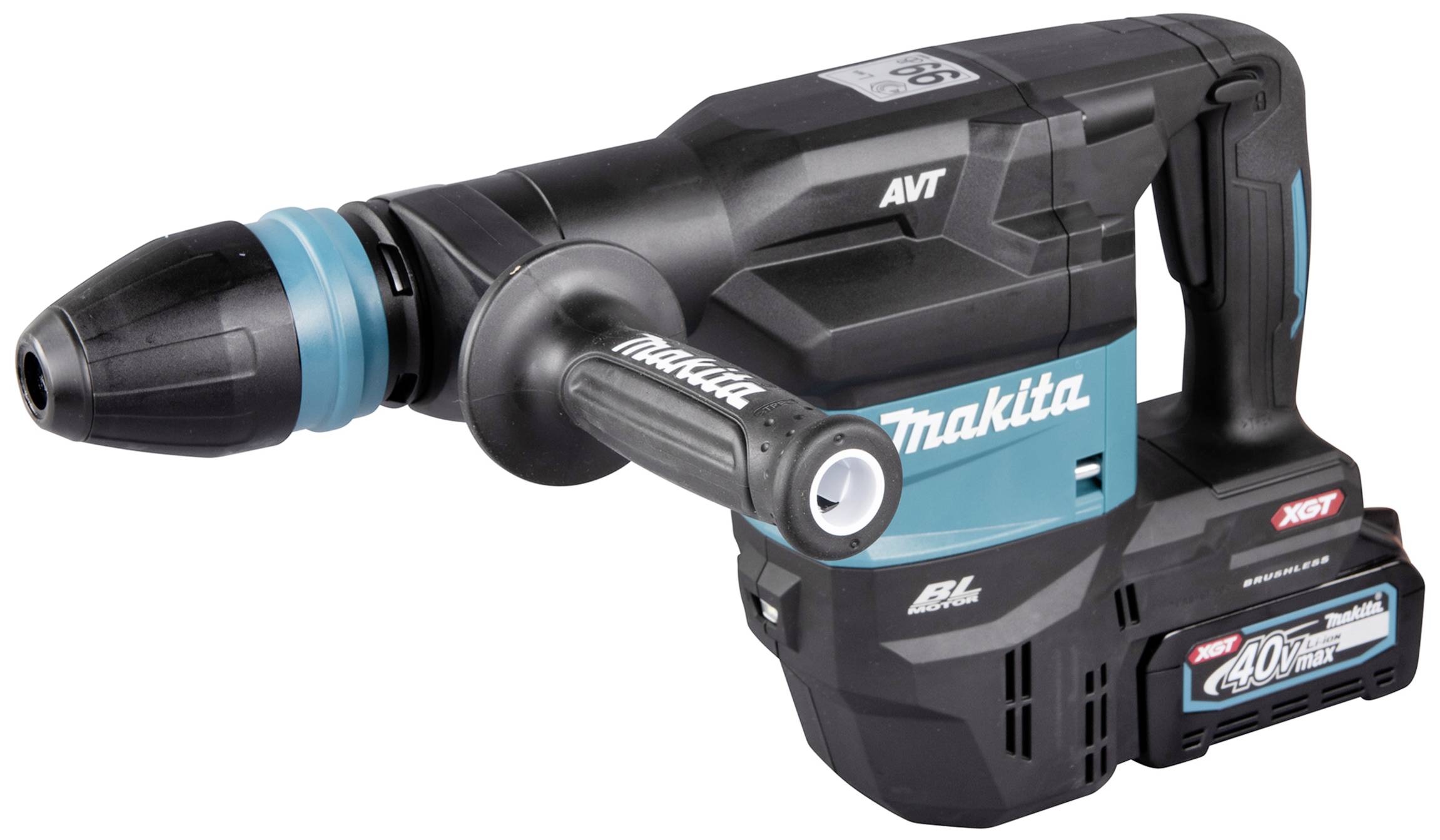 Marteau perforateur Makita, noir et bleu, avec poignée ergonomique et batterie interchangeable pour travaux de chantier.