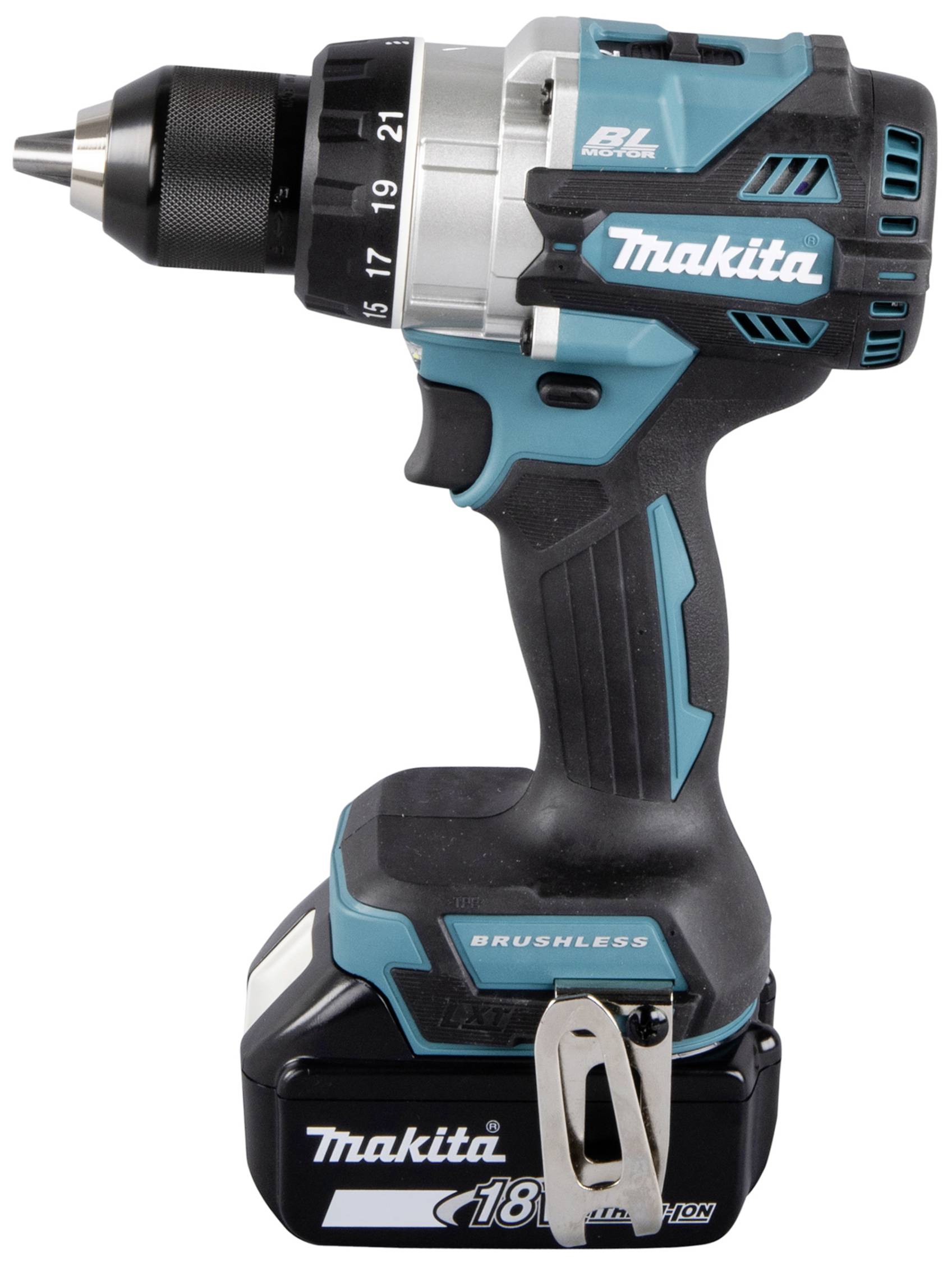 Un tournevis-perceuse sans fil au design bleu-noir, marqué '18V', adapté à divers travaux artisanaux.