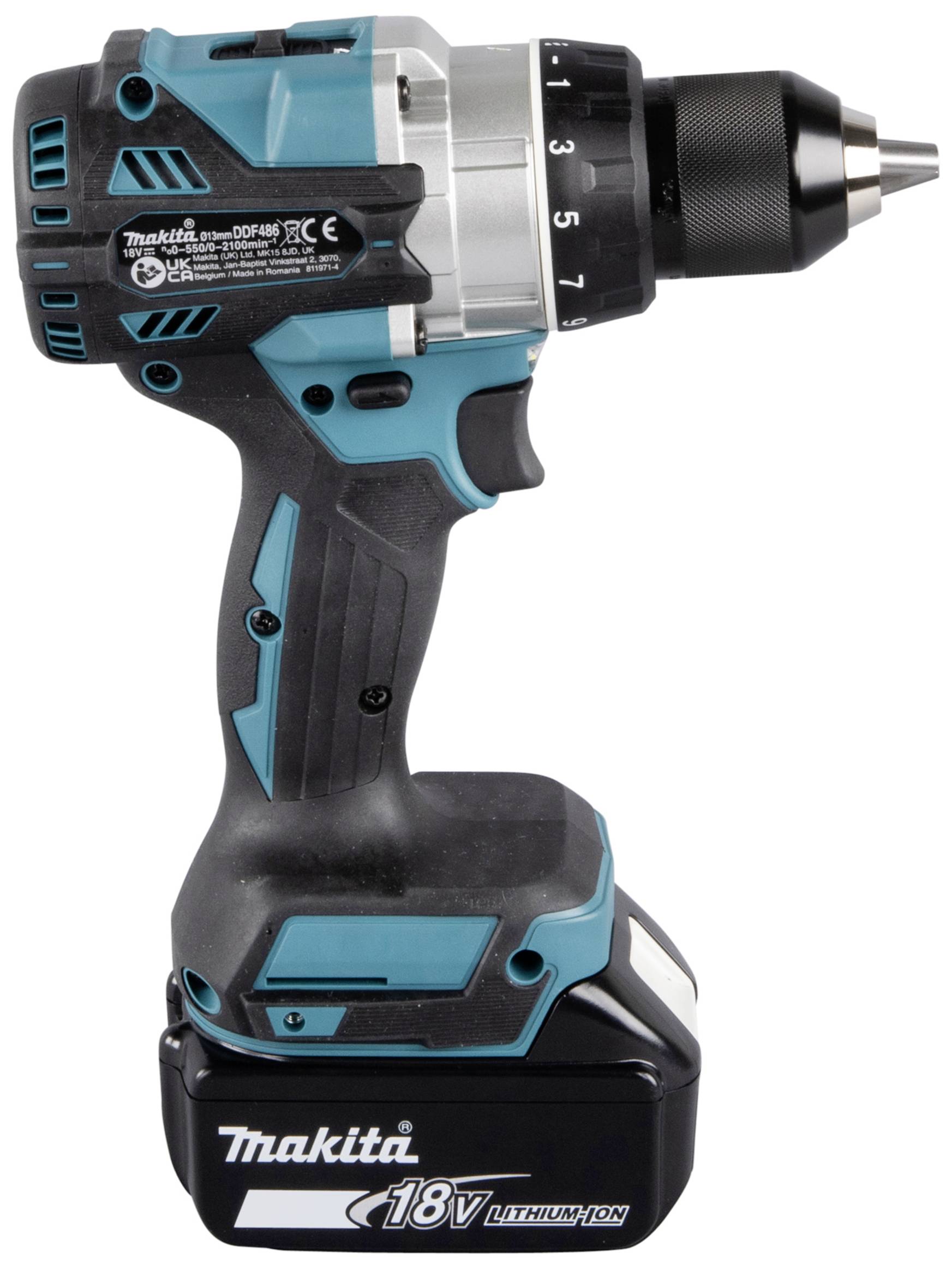 Un tournevis-perceuse bleu avec poignée noire et tête de perçage argentée. Inscription : « Makita 18V Lithium ».