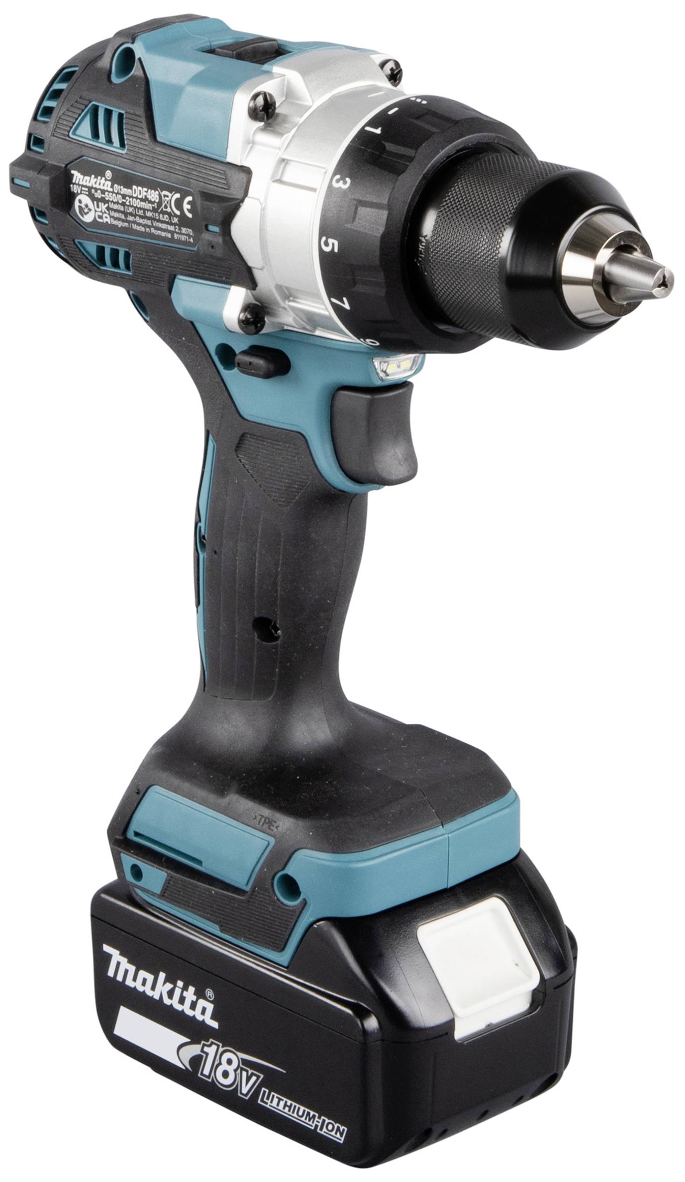 Perceuse-visseuse sans fil avec poignée noire et boîtier bleu, batterie lithium-ion 18V, logo Makita en bas.