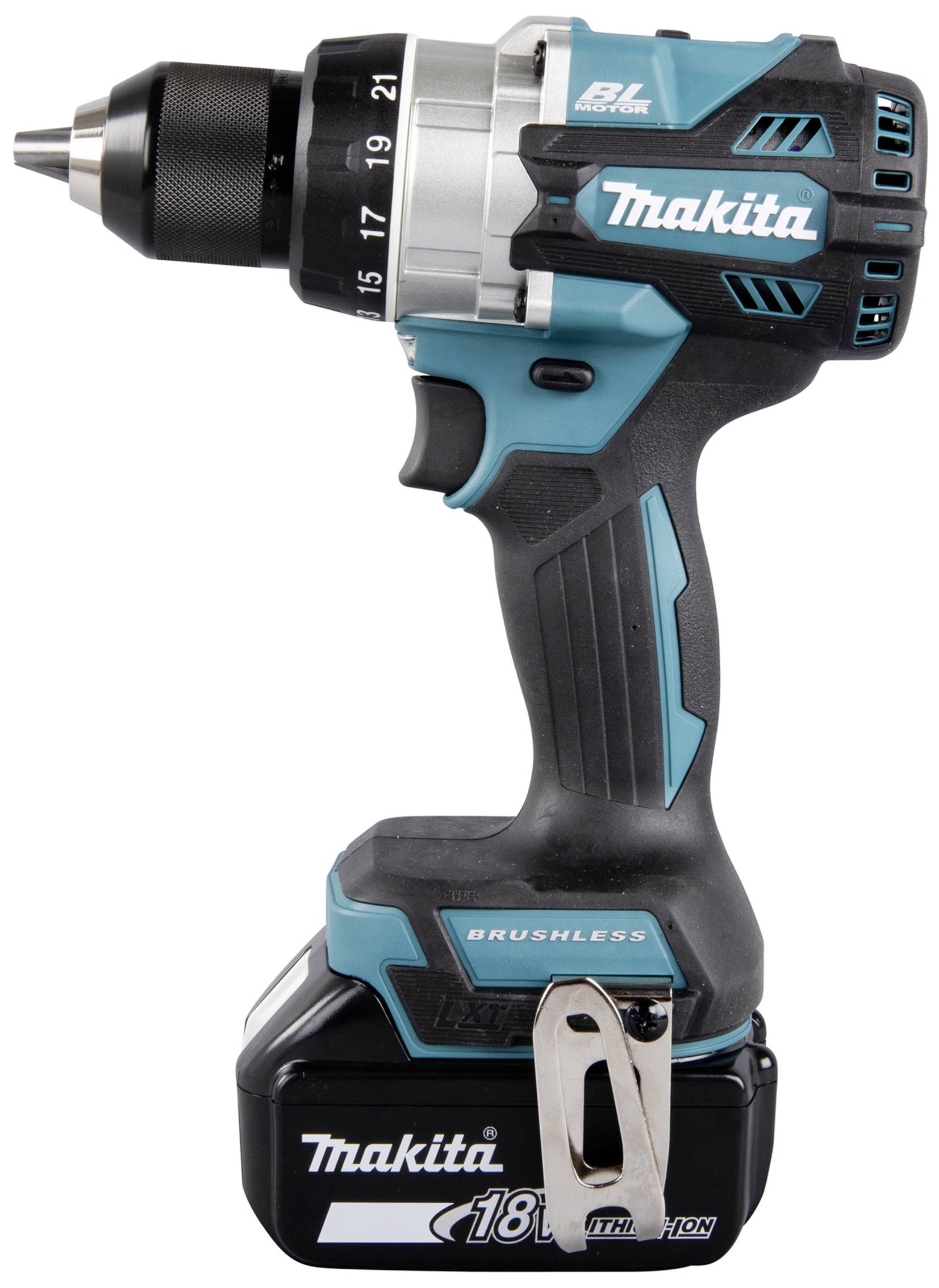 Perceuse sans fil Makita avec moteur sans balais, batterie lithium-ion 18V. Design noir et turquoise, numéro de modèle non visible.