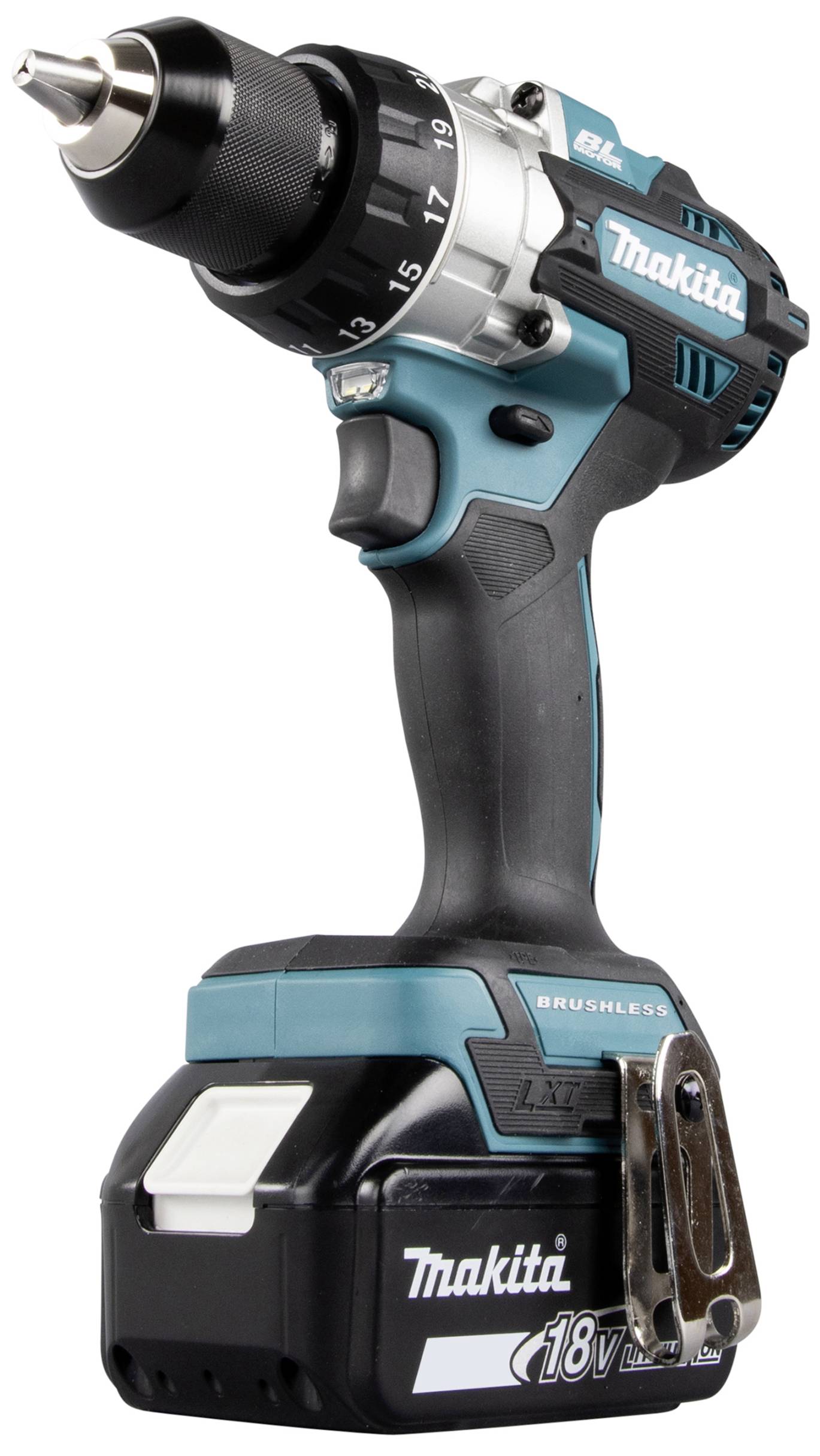 Un tournevis-perceuse Makita avec batterie 18V et moteur sans balais, idéal pour un travail puissant et efficace.