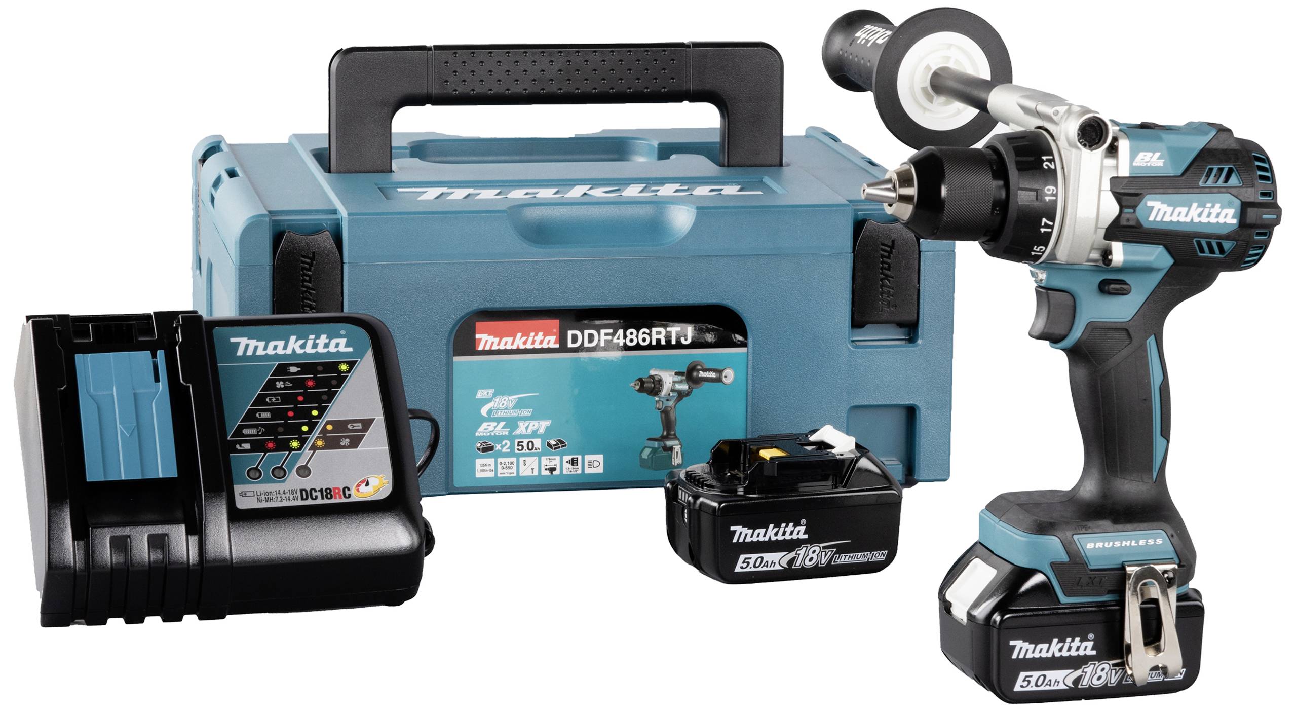 Ensemble de visseuse-perceuse : Makita DDF486RTJ, chargeur, deux batteries 5.0Ah et mallette de transport. Idéal pour les projets de construction.