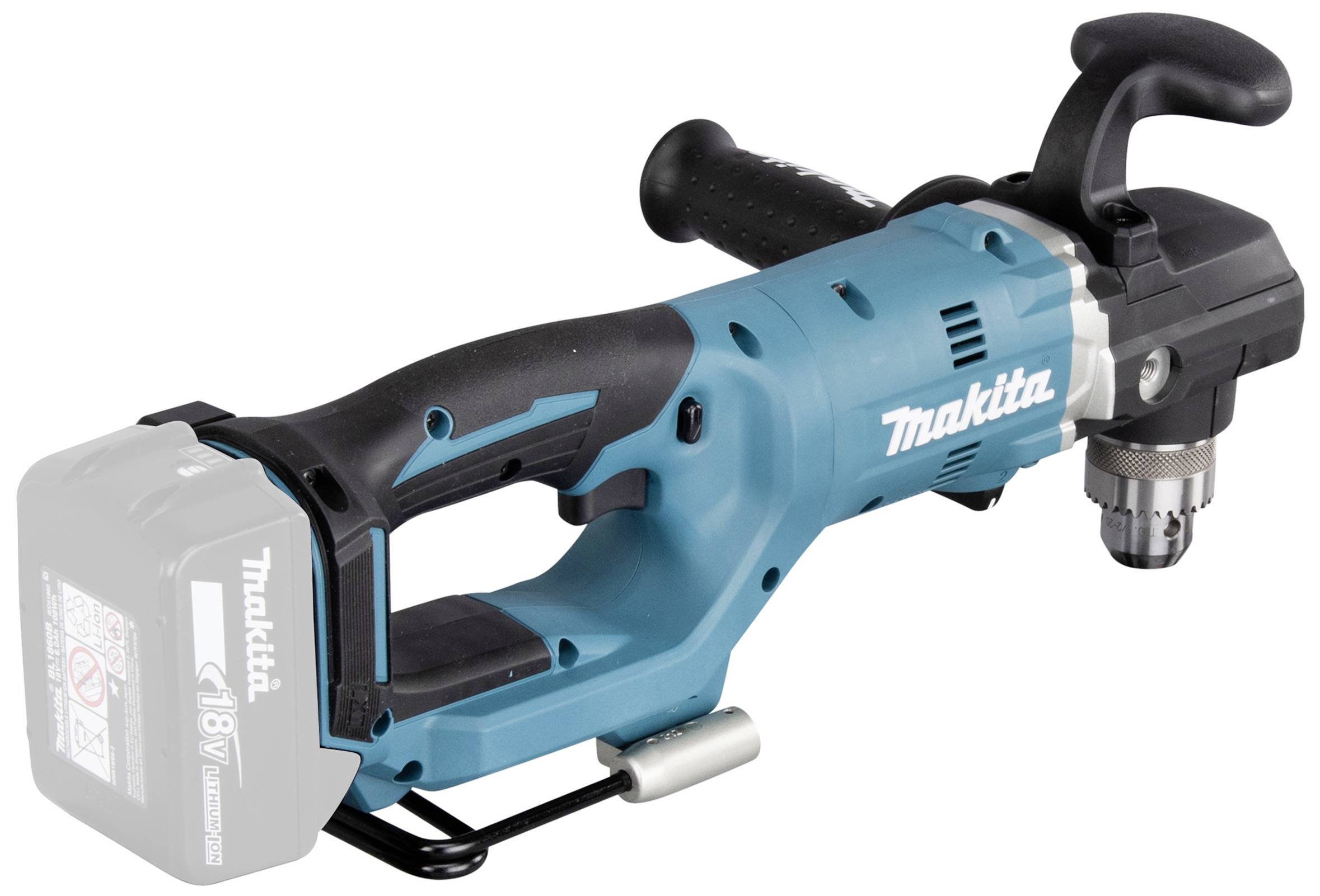 Perceuse sans fil bleue avec poignée noir et grise. Batterie fixée à gauche. Logo Makita visible. Adaptée pour le perçage sans fil.
