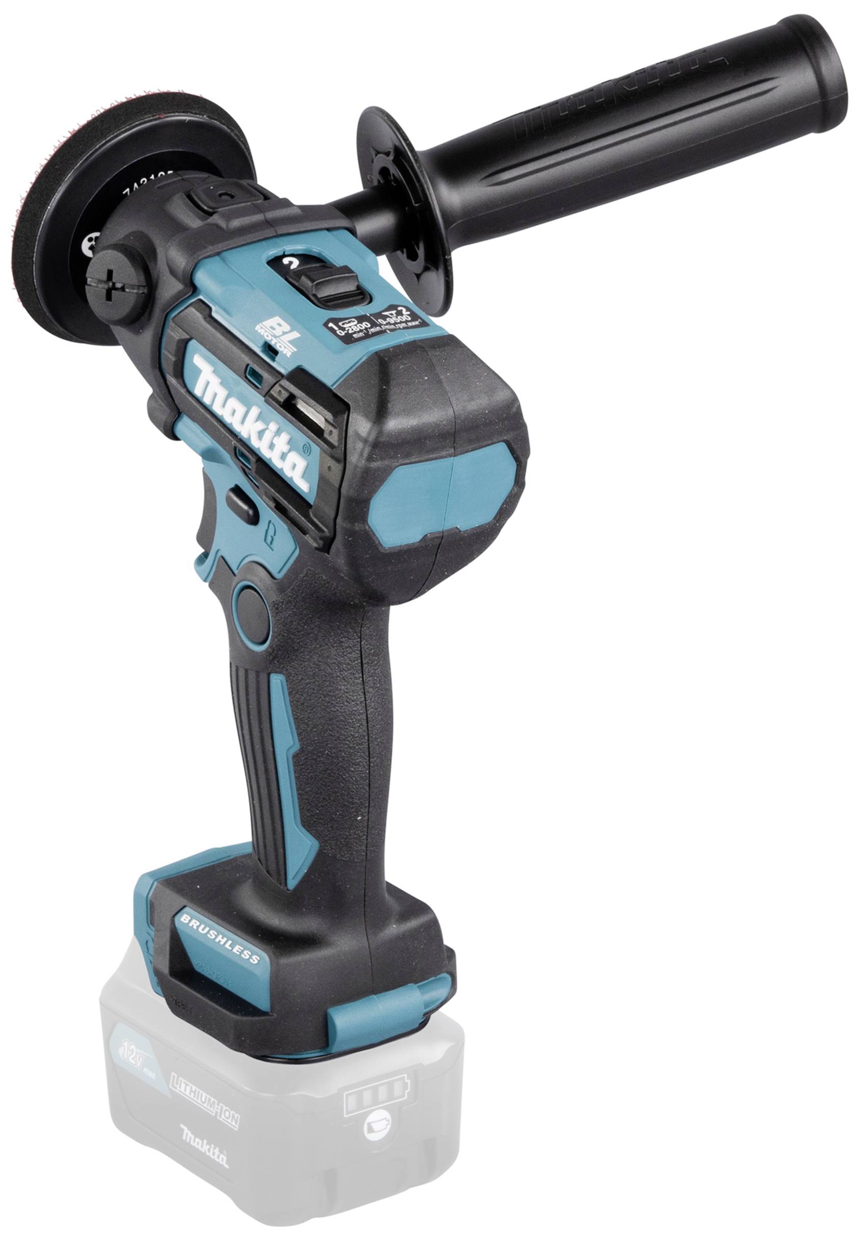 Meuleuse d'angle sans fil avec boîtier bleu et noir et poignée supplémentaire, adaptée aux travaux de meulage et de découpe.