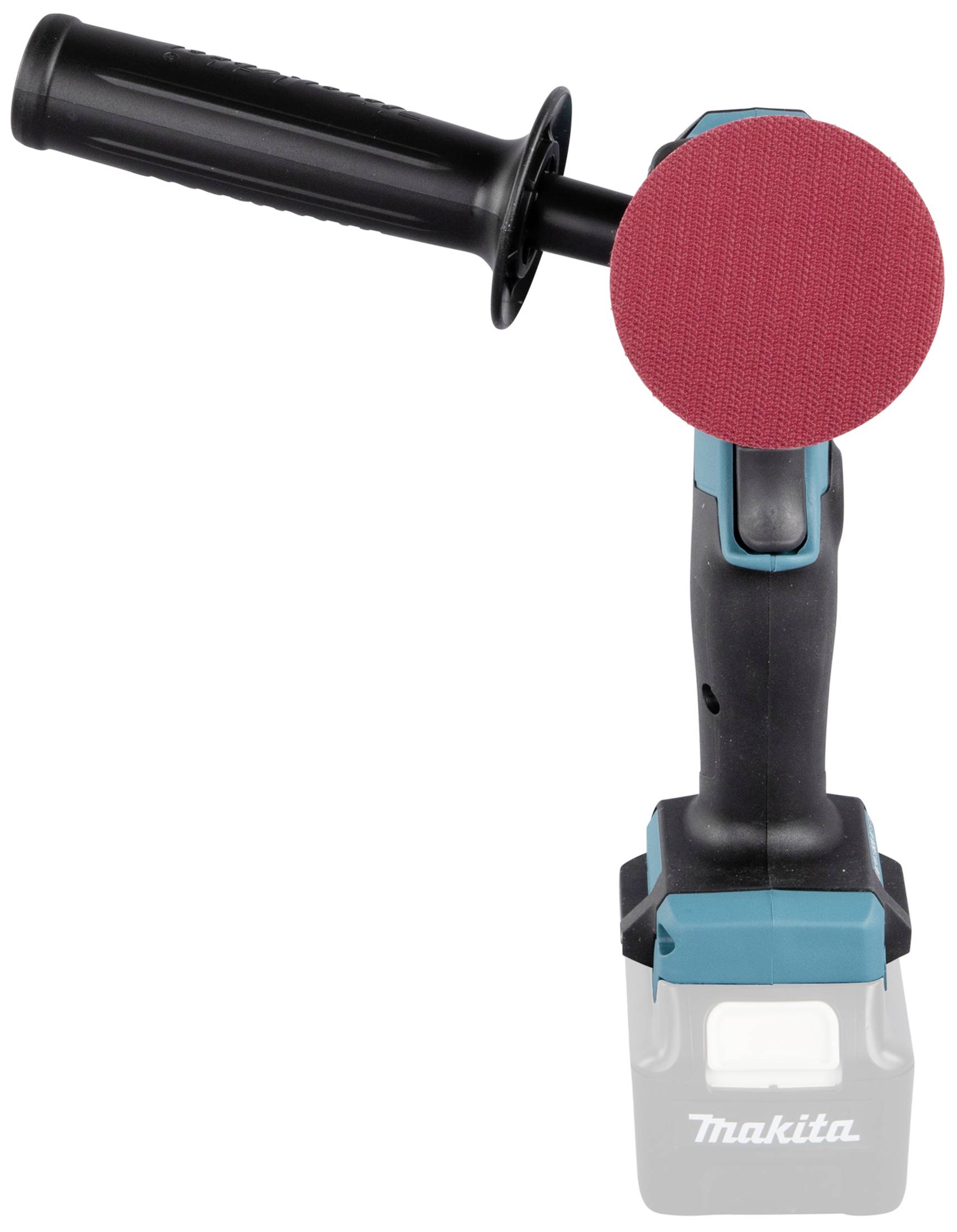 Outil sans fil avec un pad de ponçage rouge et une poignée noire sur fond blanc.