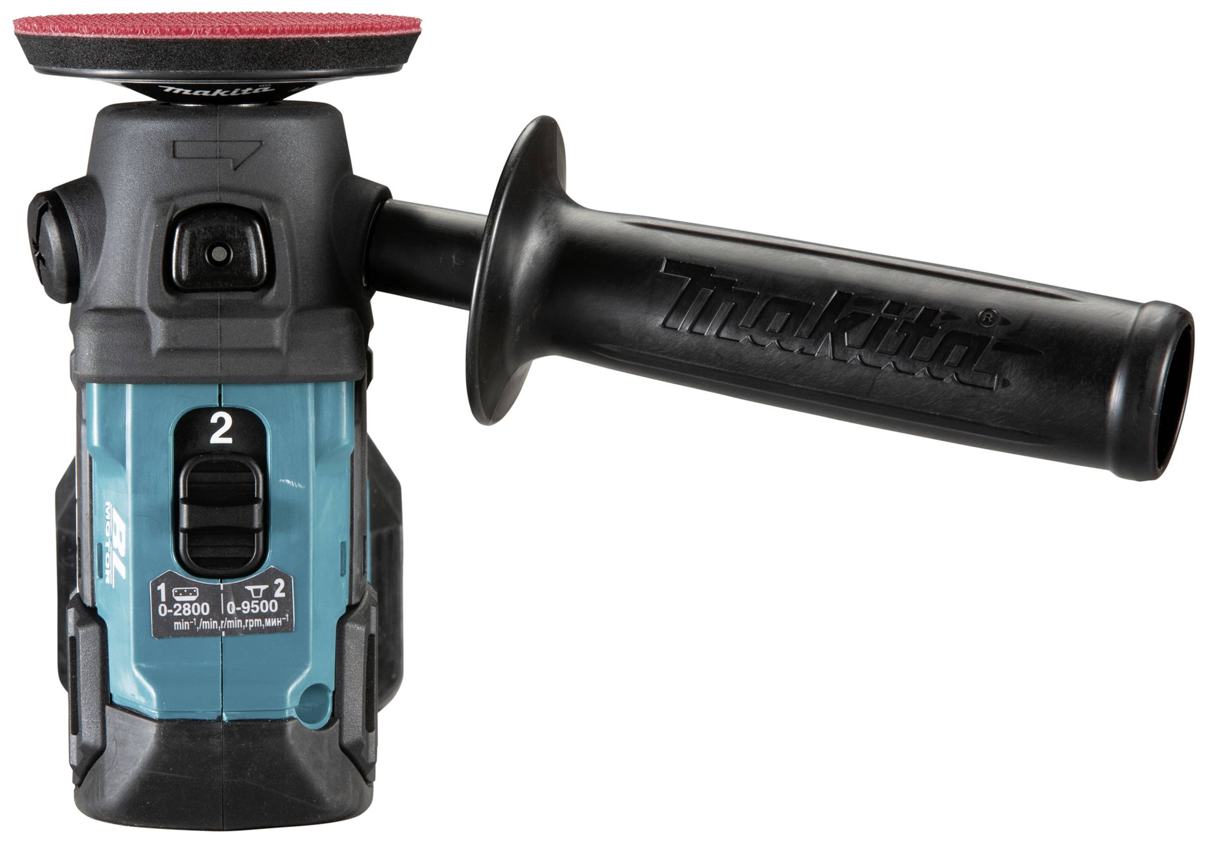 Un polisseur Makita sur batterie avec deux vitesses et une poignée à droite. Idéal pour la finition de surfaces.