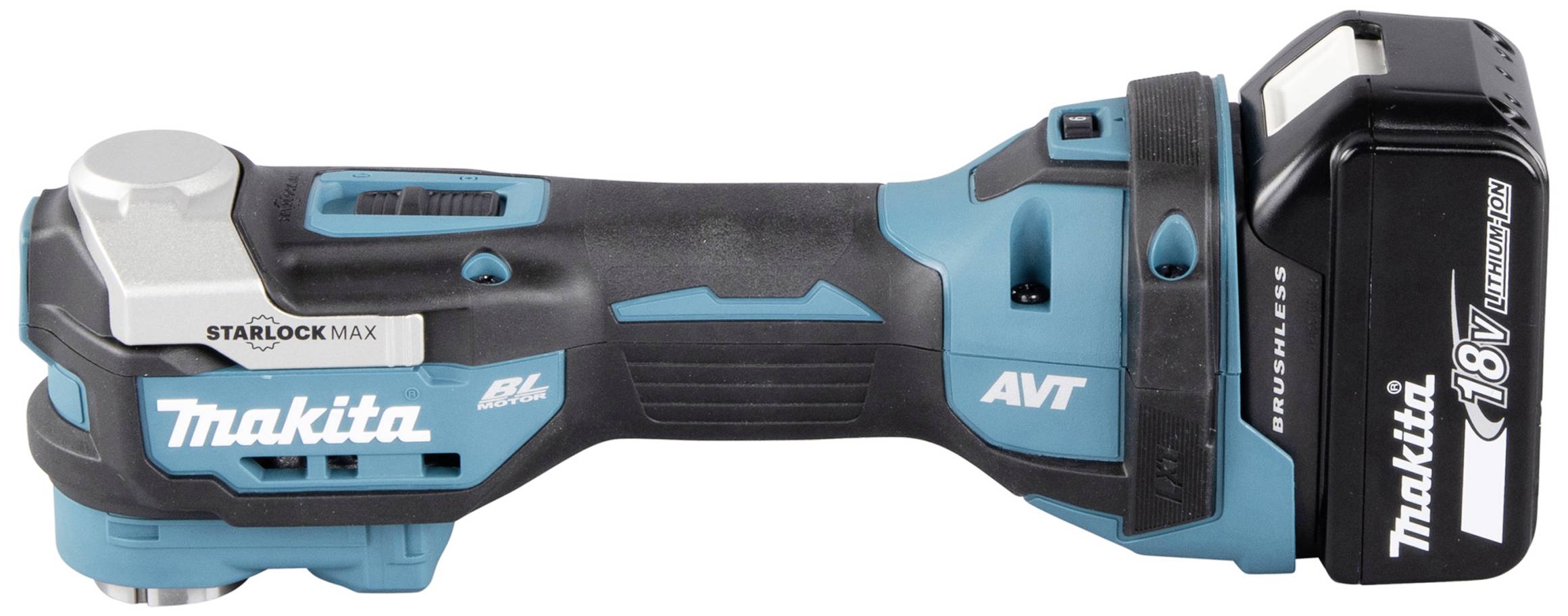Outil multifonction sans fil de Makita en noir et bleu avec un système Starlock Max et batterie lithium-ion 18V.