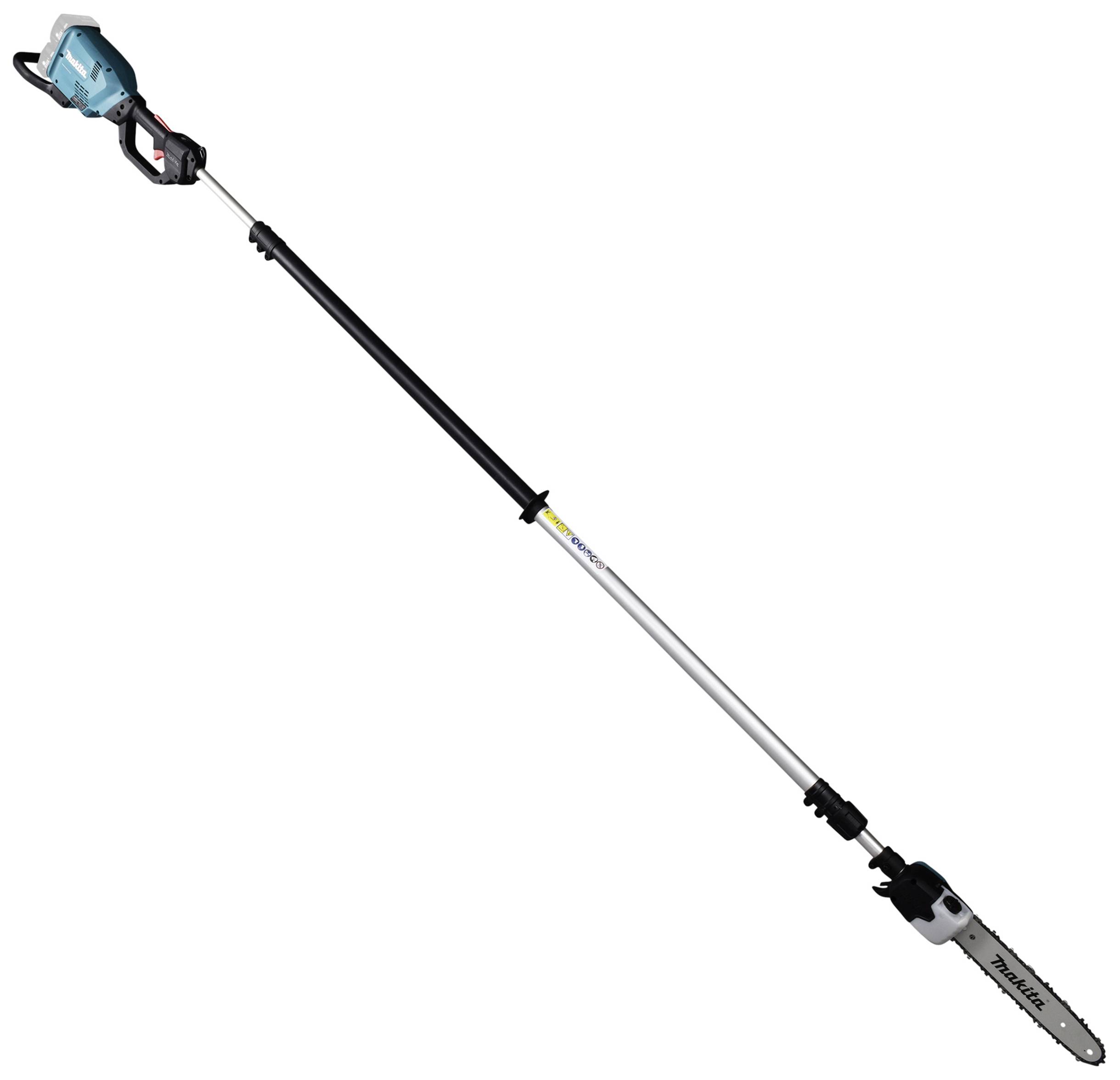 Scie à perche télescopique avec une tronçonneuse à l'extrémité. Fonctionnant sur batterie, adaptée pour couper des branches en hauteur.