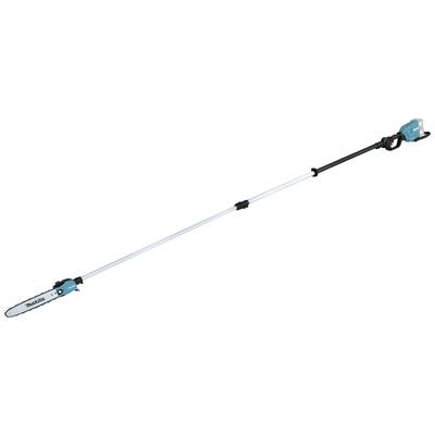Une longue scie à élaguer avec une poignée bleue et une tronçonneuse à l'extrémité, adaptée pour couper des branches en hauteur.