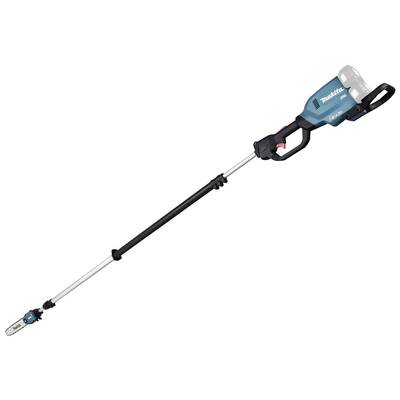 Sécateur électrique à long manche en bleu avec une petite lame de scie, adapté pour couper des branches en hauteur.