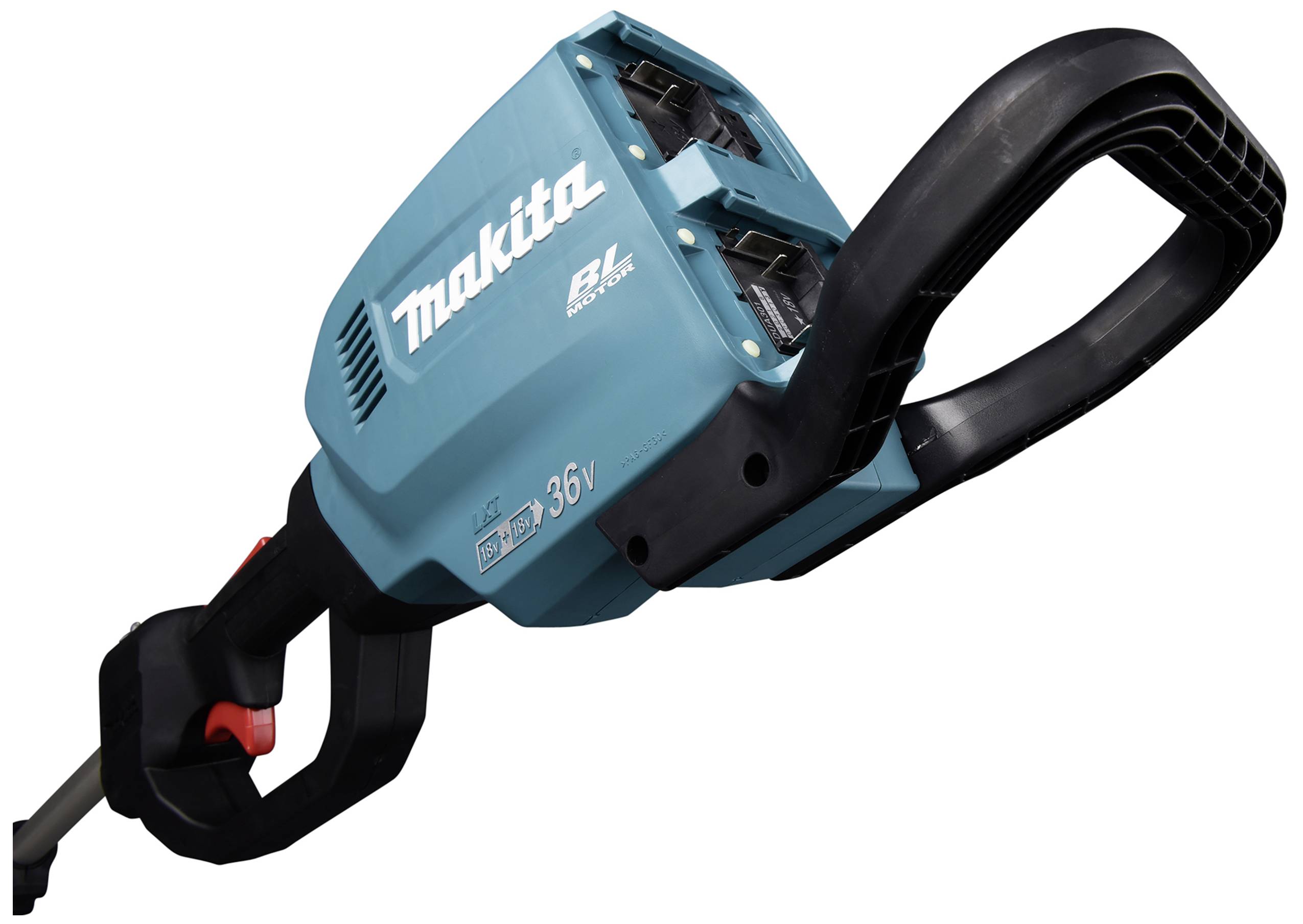 Un appareil de jardin Makita bleu, alimenté par batterie, avec deux emplacements de batterie, une poignée ergonomique et un dispositif de sécurité noir.