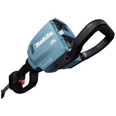 Un appareil de jardin Makita bleu, alimenté par batterie, avec deux emplacements de batterie, une poignée ergonomique et un dispositif de sécurité noir.