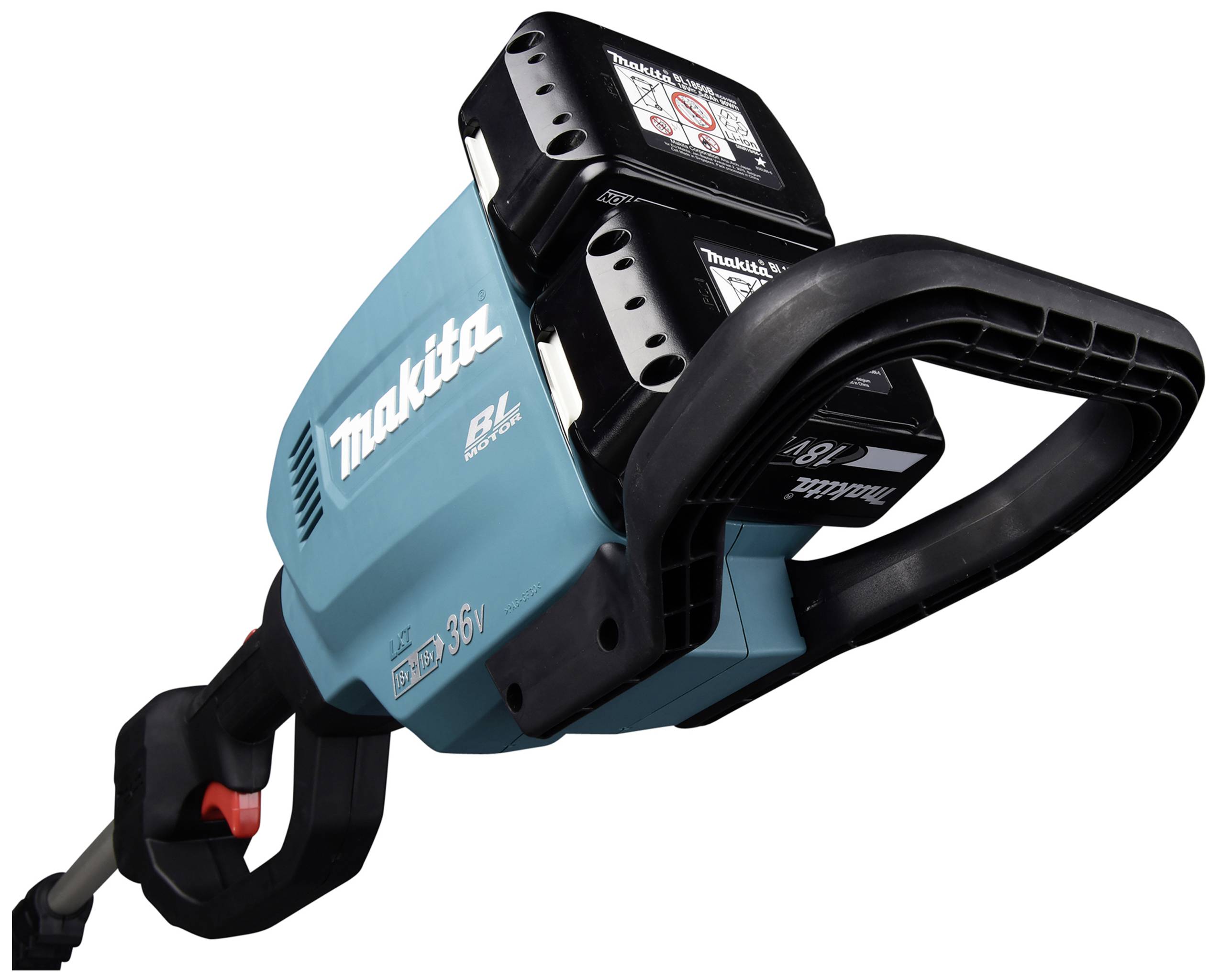 Débroussailleuse sans fil avec boîtier bleu et poignées noires, de marque 'Makita', équipée de deux batteries sur le dessus.