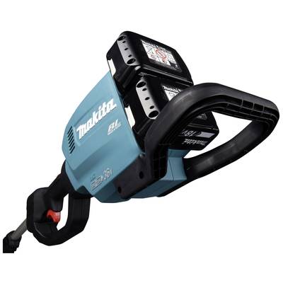 Débroussailleuse sans fil avec boîtier bleu et poignées noires, de marque 'Makita', équipée de deux batteries sur le dessus.