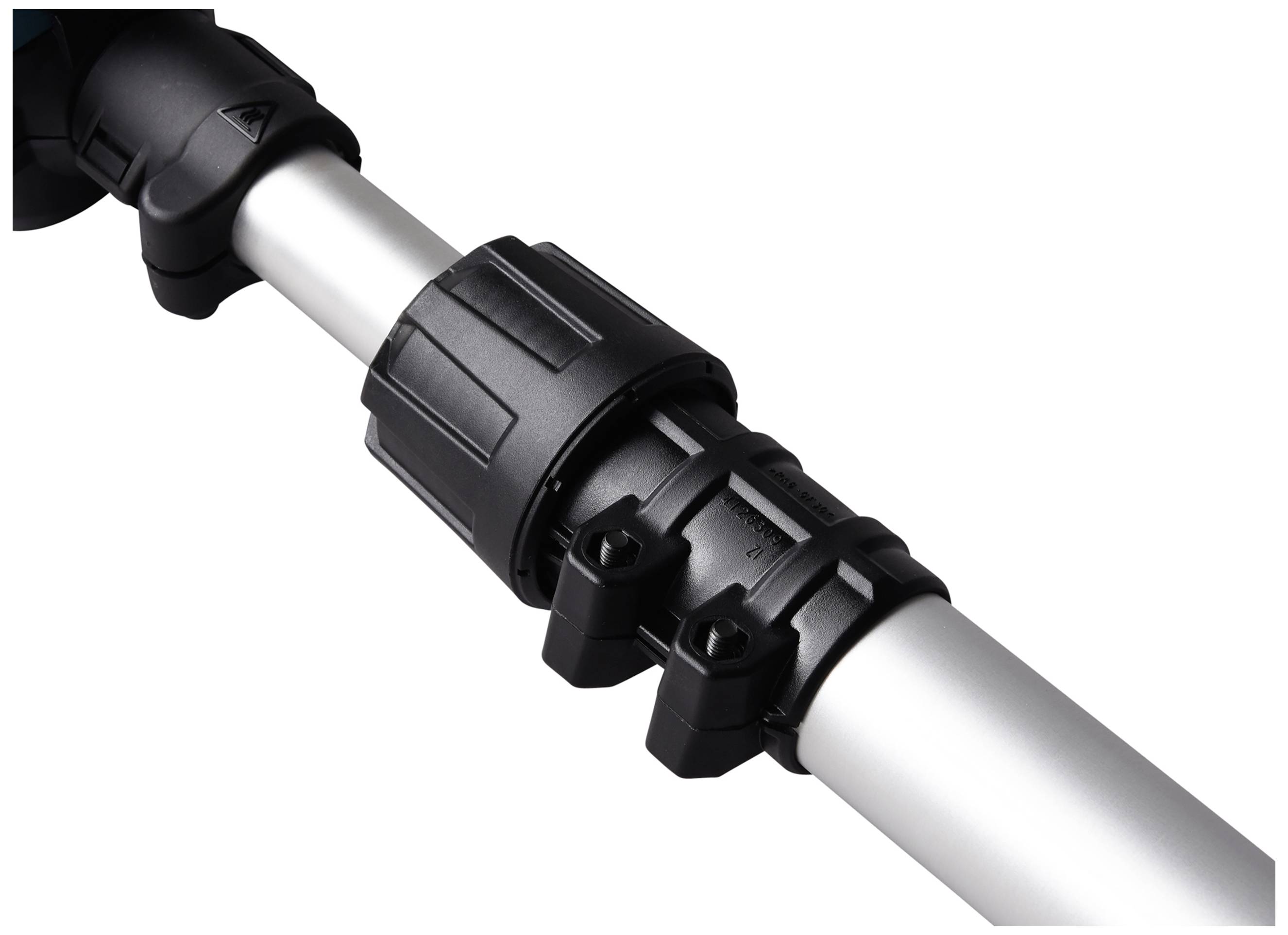 Un tube télescopique en métal avec deux pinces noires et réglables pour ajuster la longueur. Idéal pour les appareils ou les outils.