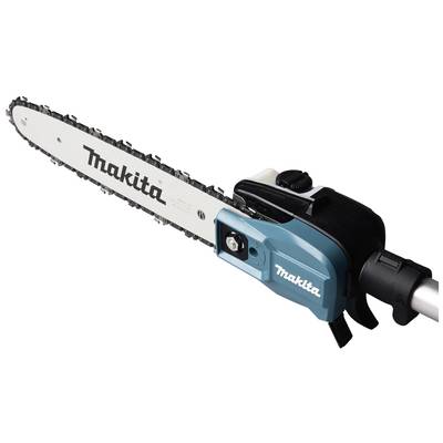 Tronçonneuse électrique de Makita, montrant la guide-chaîne avec la chaîne et la poignée, design bleu et noir, vue de côté.