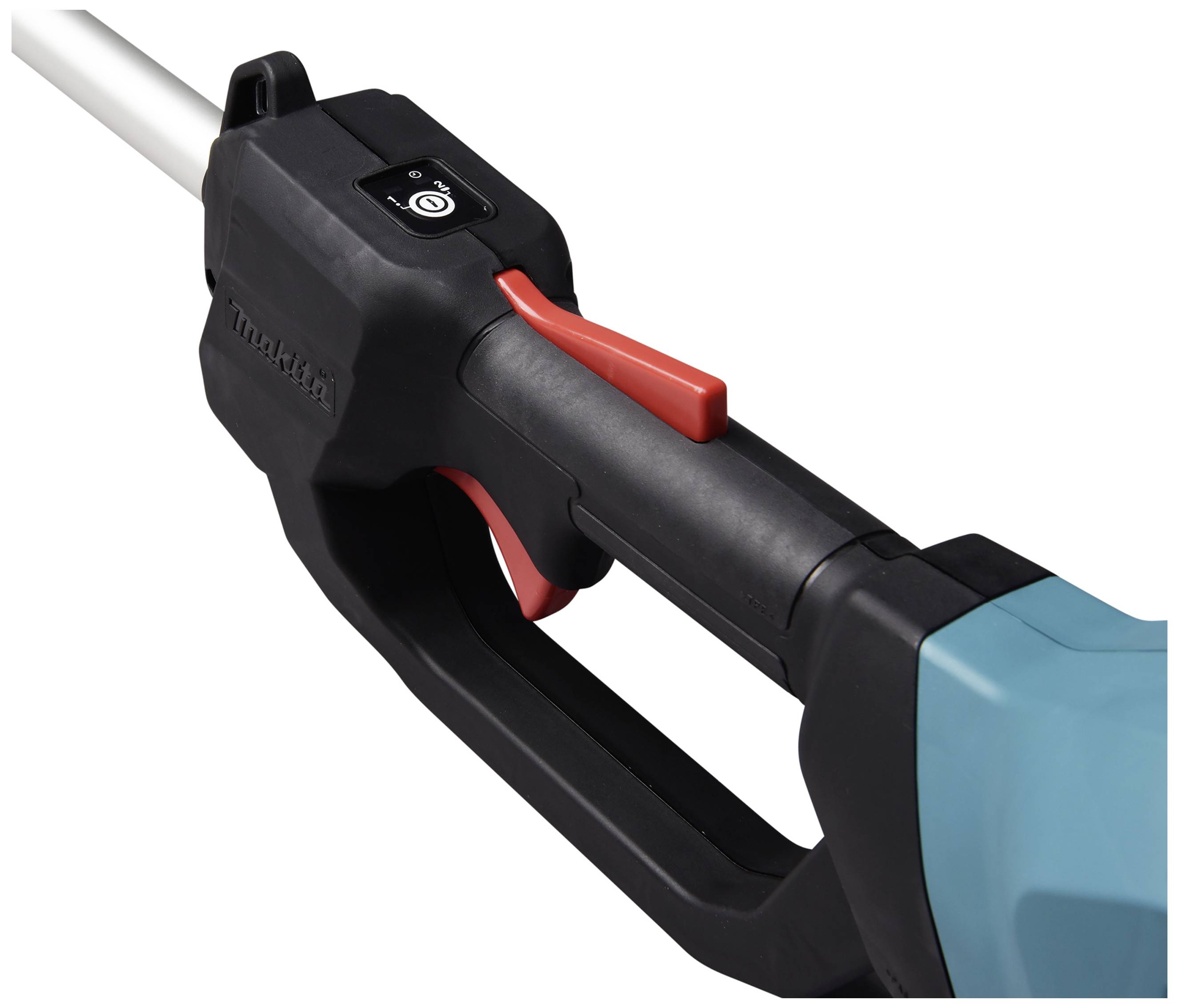 Gros plan sur la poignée d'un taille-haie noir et turquoise avec un interrupteur orange et un bouton de sécurité.