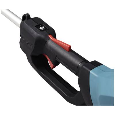 Gros plan sur la poignée d'un taille-haie noir et turquoise avec un interrupteur orange et un bouton de sécurité.