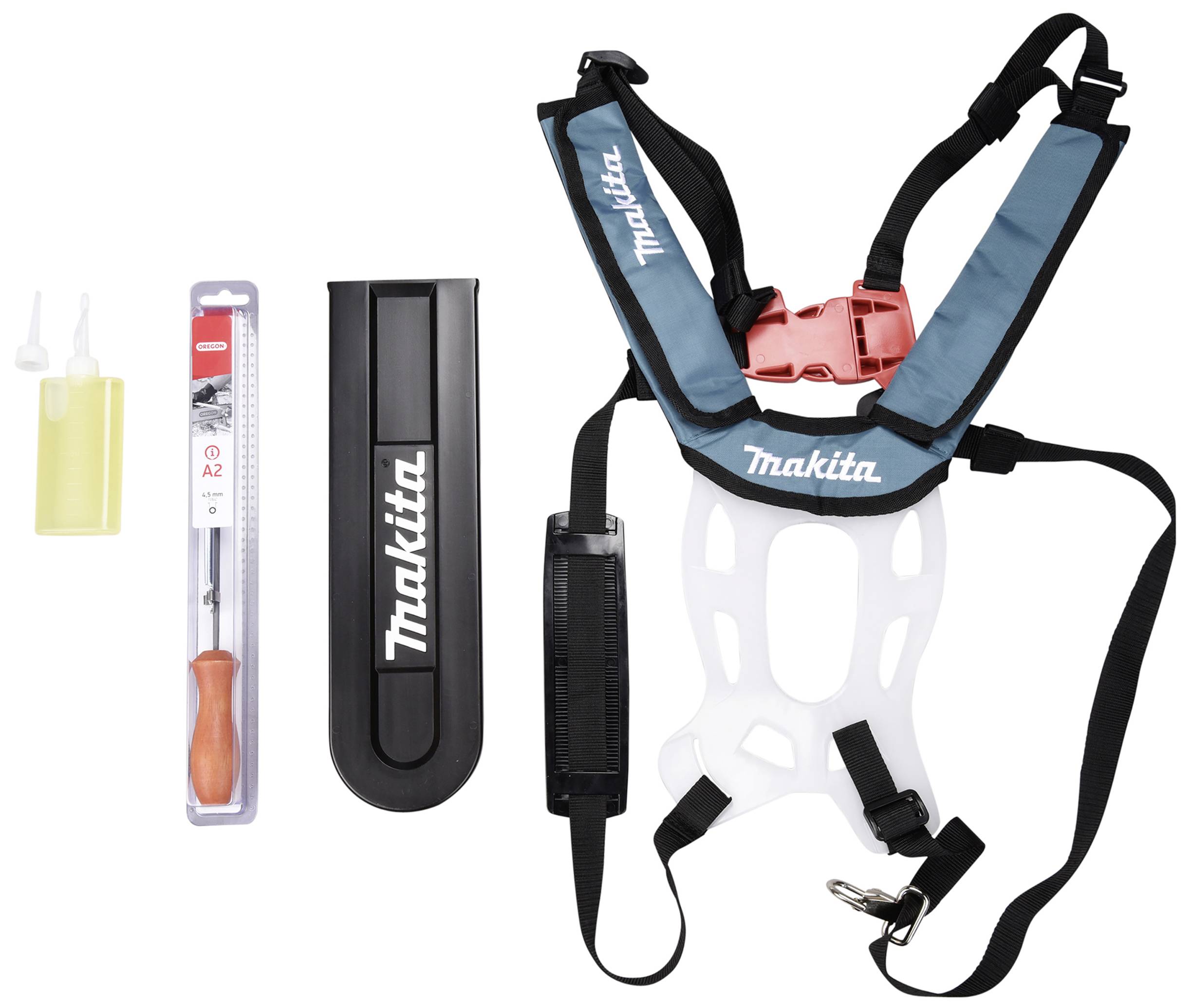 Ensemble de ceinture de transport Makita avec lunettes de protection, lime, protège-chaîne et ceinture à outils pour une utilisation sûre et confortable des outils de jardinage.