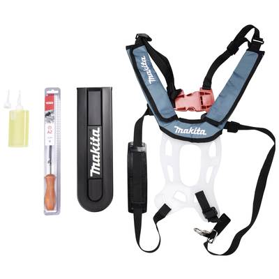 Ensemble de ceinture de transport Makita avec lunettes de protection, lime, protège-chaîne et ceinture à outils pour une utilisation sûre et confortable des outils de jardinage.