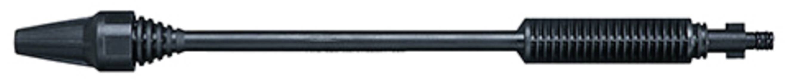 Un embout de nettoyeur haute pression noir avec une buse étroite et une zone de préhension striée, l'extension est longue et cylindrique.