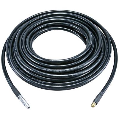Long tuyau noir enroulé avec des raccords métalliques aux extrémités, adapté aux systèmes de distribution d'eau ou d'air comprimé.