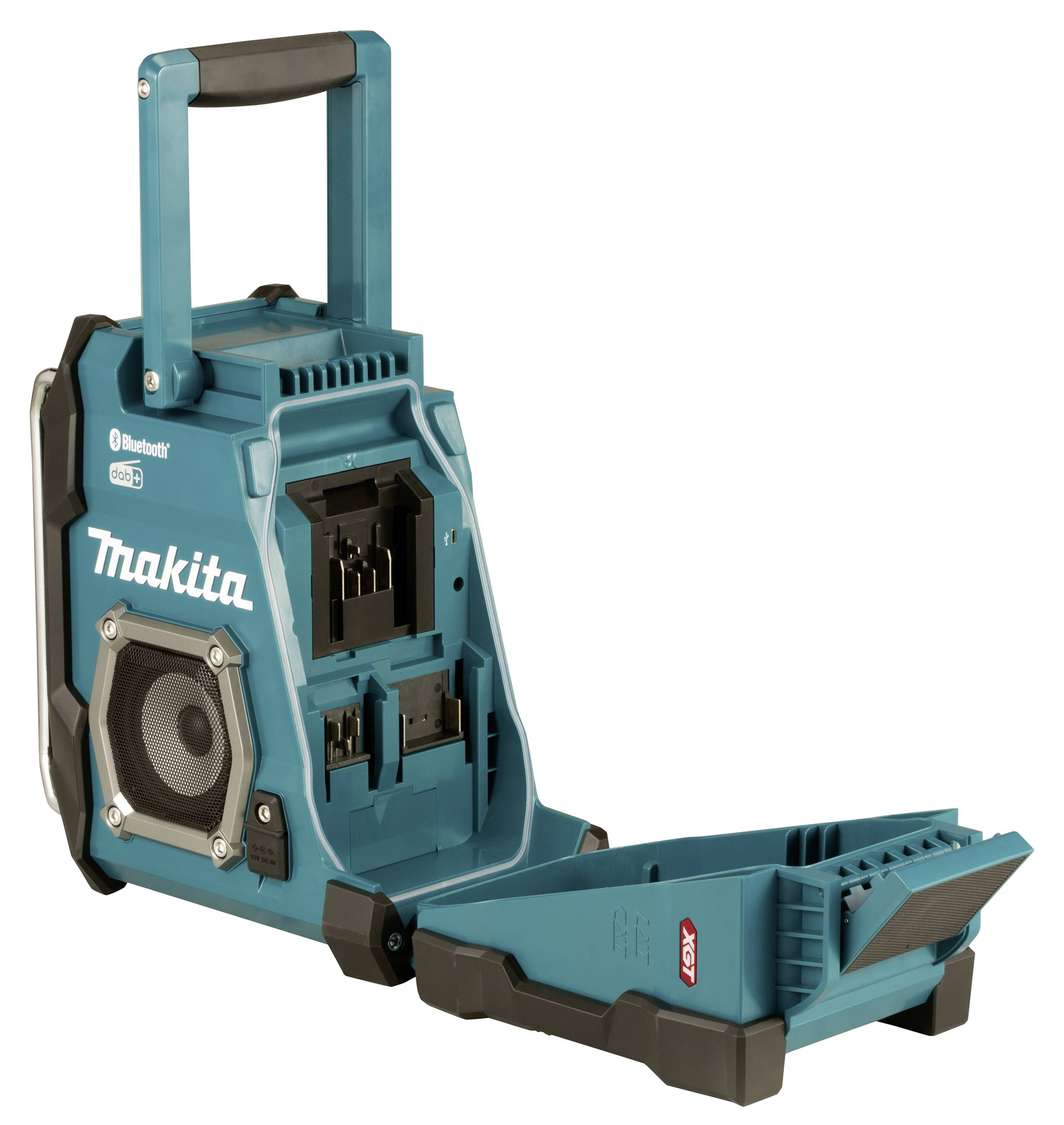 Un radio portable bleu pour chantier, doté d'une construction robuste et de haut-parleurs marquants ; adapté aux environnements de construction.