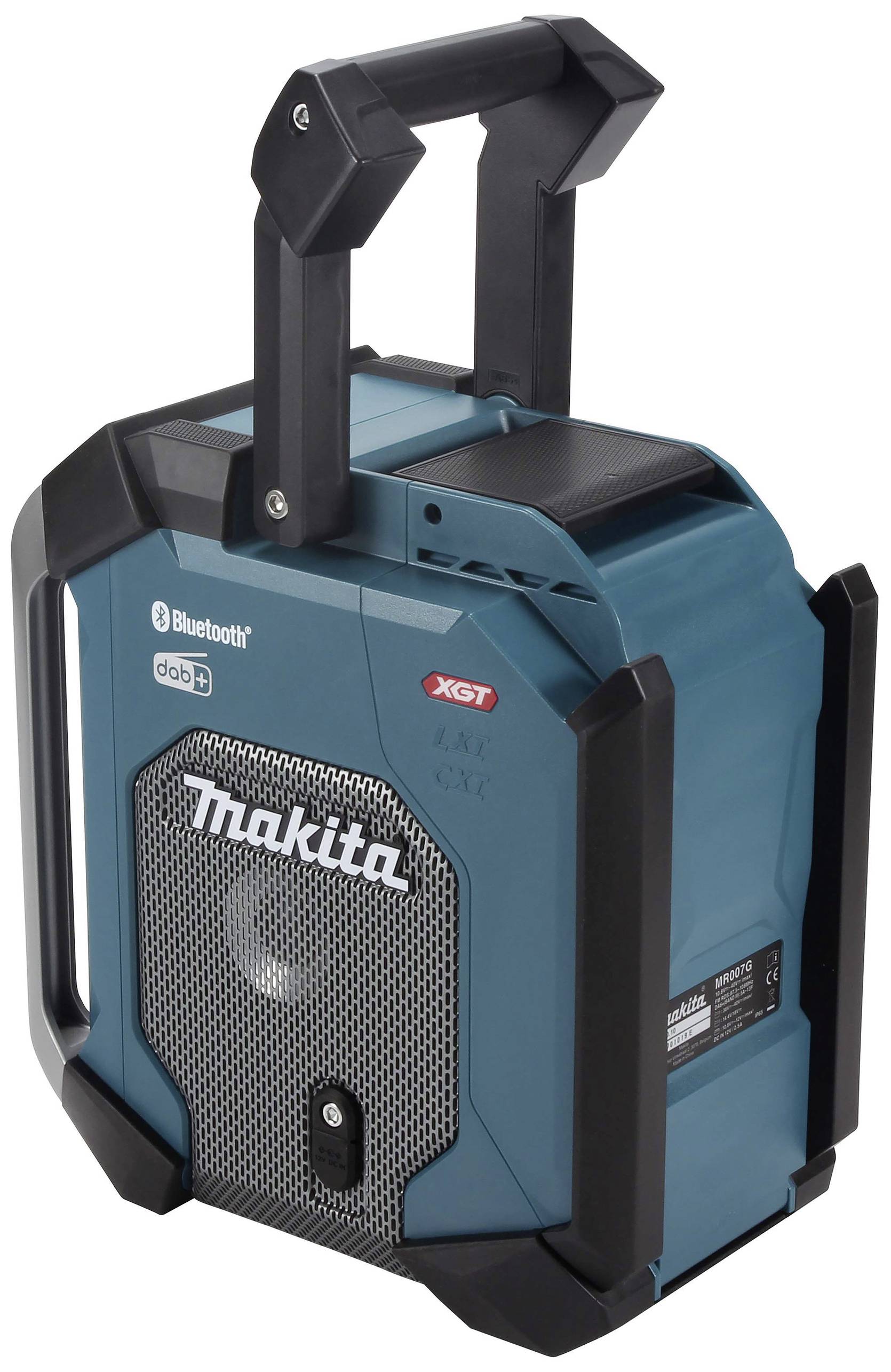 Enceinte portable bleue avec poignée, compatible Bluetooth, avec logo de marque et panneau de commande, design robuste pour une utilisation en extérieur.