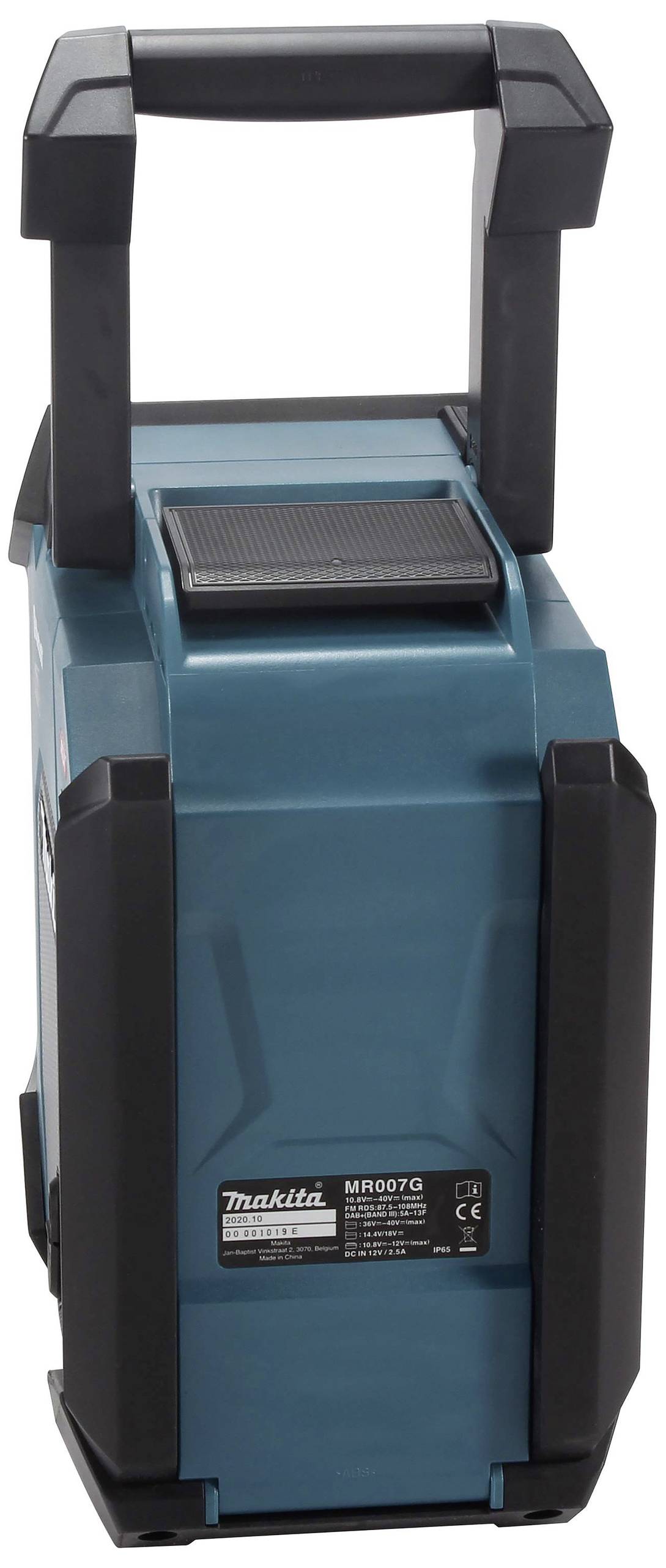 Un radio portable bleu et noir avec une poignée télescopique et rétractable, adapté aux environnements de travail robustes.