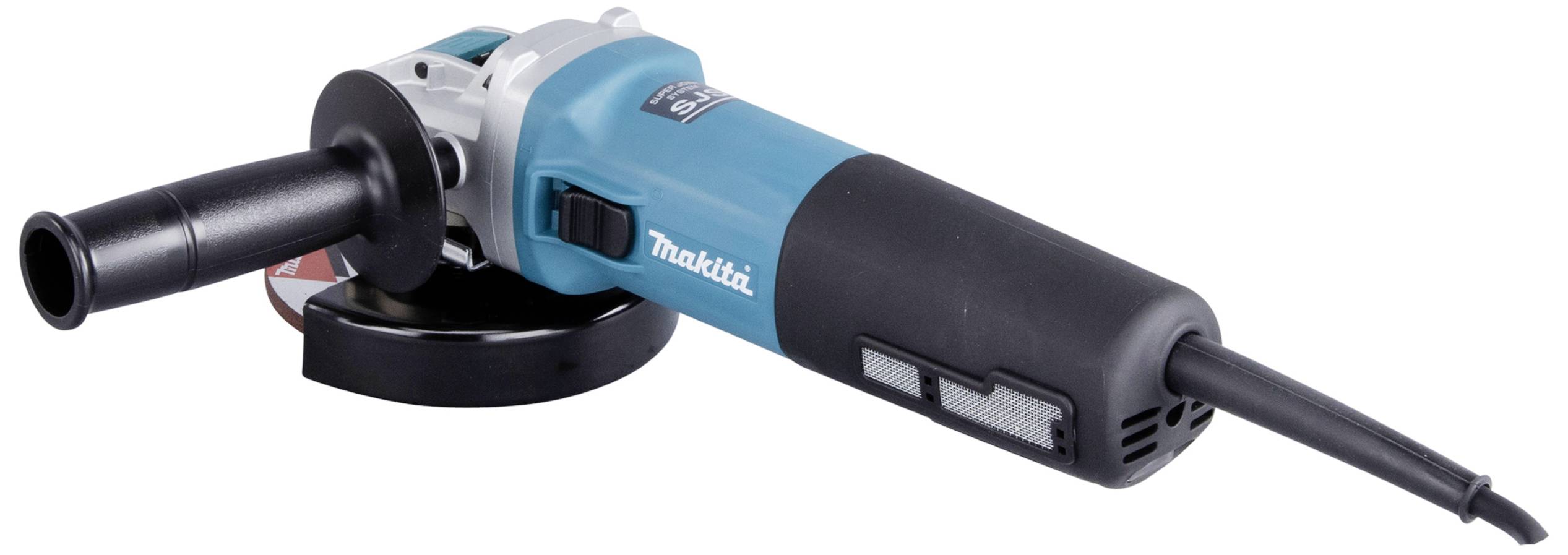 Un meuleuse d'angle électrique avec un boîtier bleu et une poignée noire est posée sur le côté.