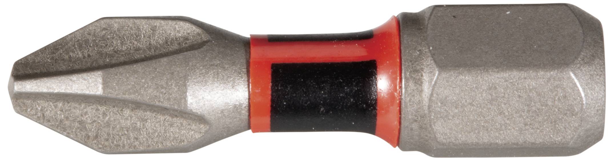 Gros plan d'un embout de tournevis avec un anneau rouge et noir. L'embout présente un profil cruciforme et est fabriqué en métal.