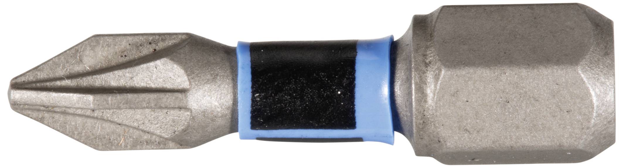 Un embout de tournevis à tige hexagonale, partiellement enveloppé d'un ruban bleu, est posé sur un fond blanc.