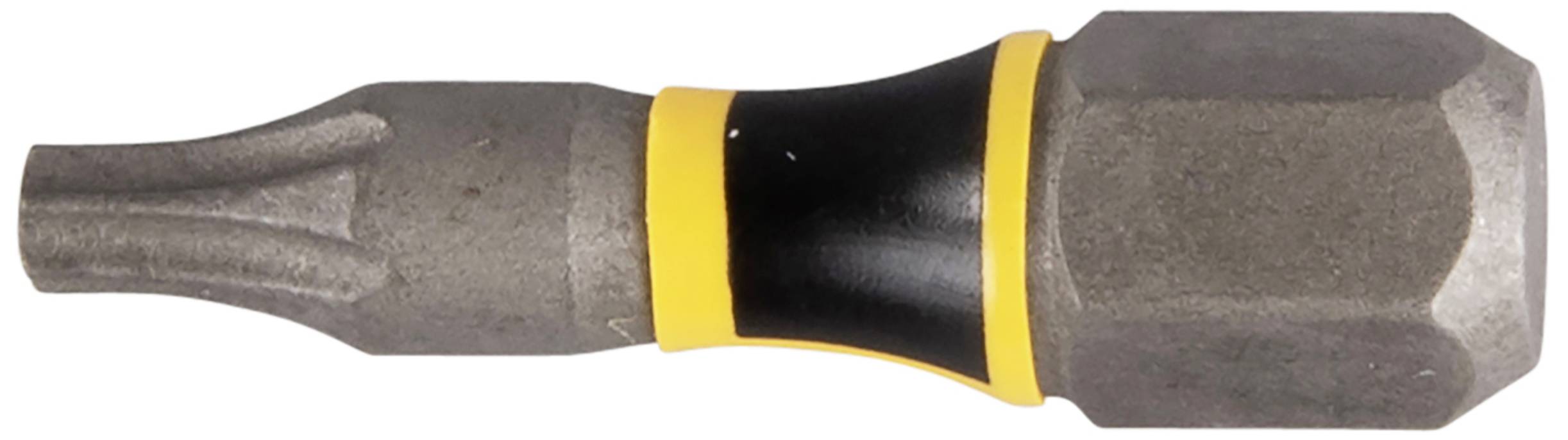 Embout à empreinte cruciforme avec fixation hexagonale et bague jaune et noire.