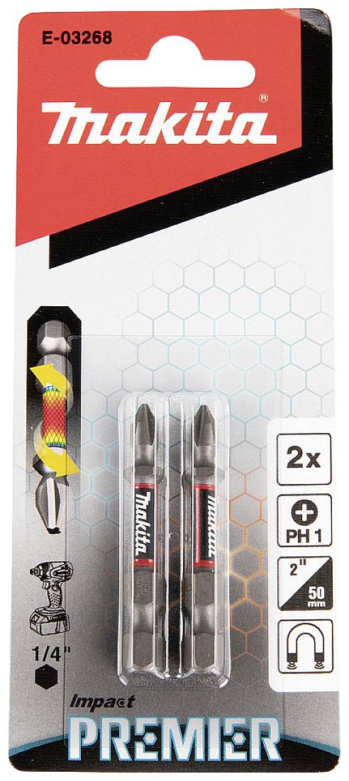 Embouts de tournevis Impact Premier de Makita, lot de 2, longueur 2 pouces. Compatibles avec des tournevis 1/4 de pouce. Emballage rouge et blanc.