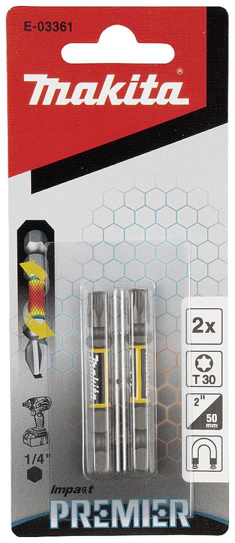 Emballage de l'Impact Premier de Makita avec un embout de vissage jaune et deux vis à tête hexagonale argentées, taille T30.