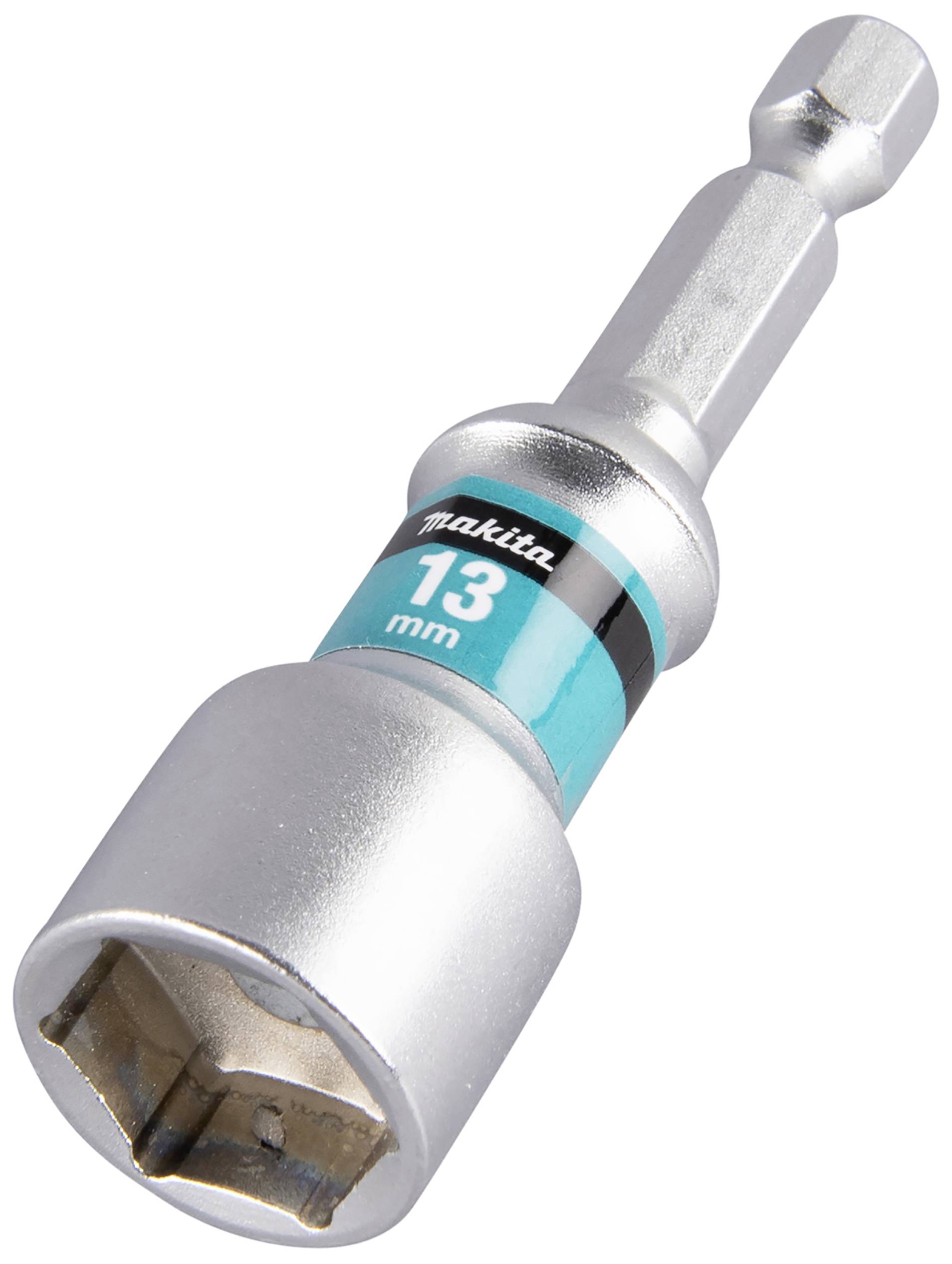 Un adaptateur de clé à cliquet en argent avec une tête hexagonale de 13 mm et une étiquette bleue.