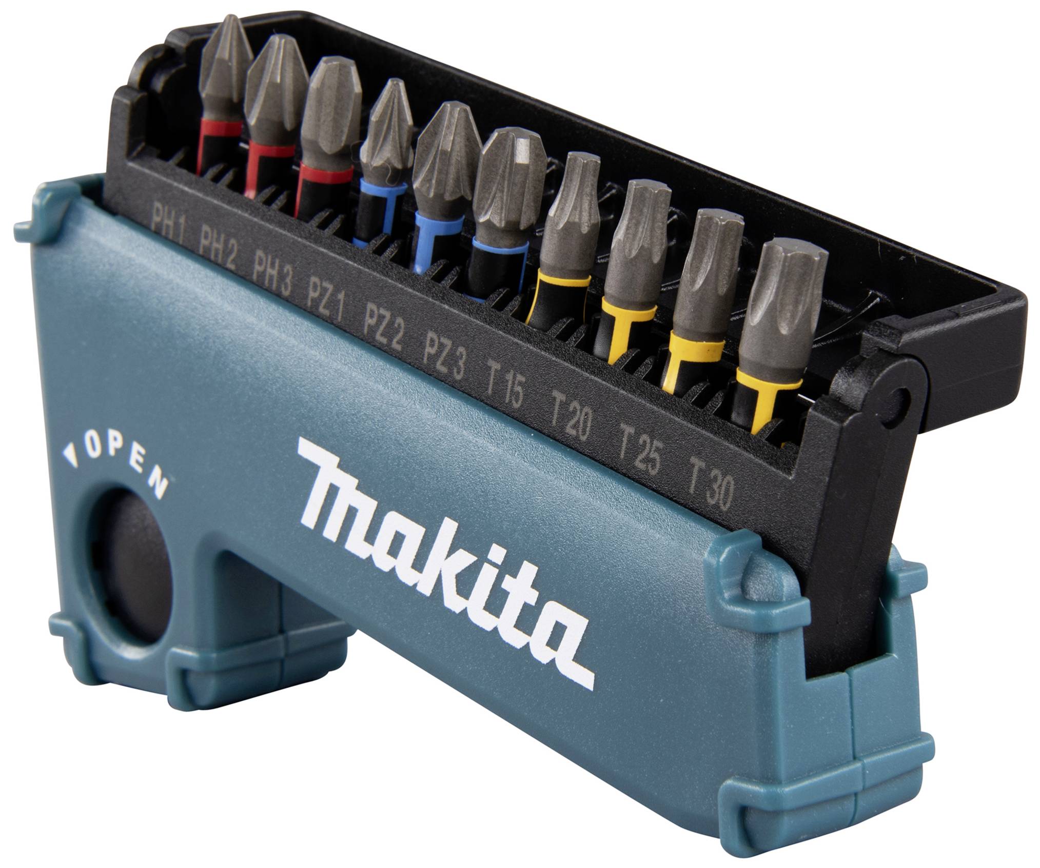 Un ensemble d'embouts de tournevis Makita de différentes tailles, organisés dans un étui en plastique bleu et noir.