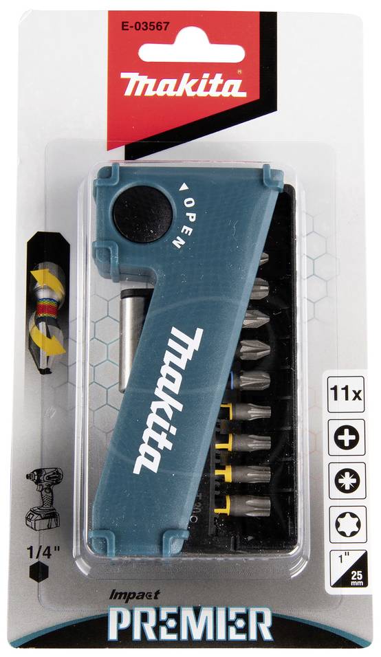 Ensemble d'outils emballé de Makita avec manche de tournevis vert et différents embouts, adapté pour des entraînements de 1/4 de pouce.