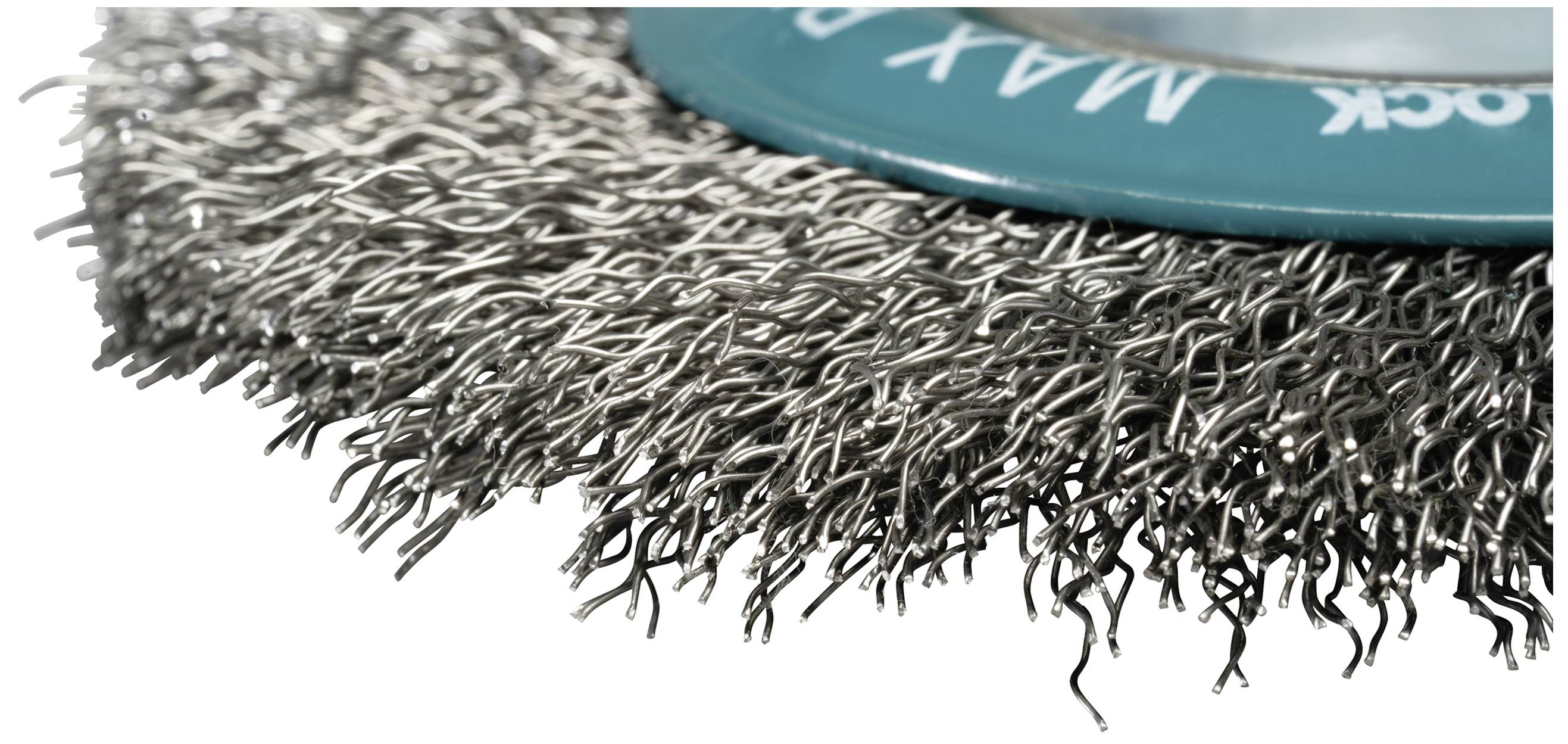 Brosse métallique avec des poils de fil denses et torsadés. Utilisée pour éliminer la rouille ou les salissures des surfaces.