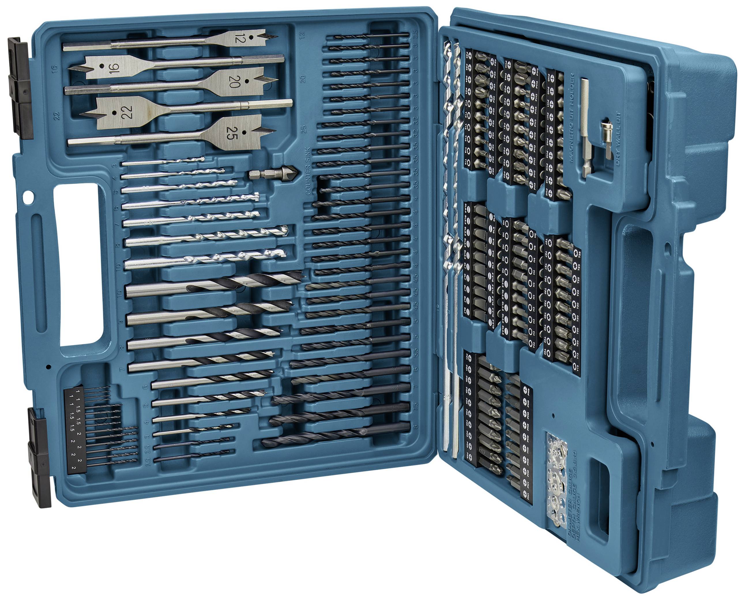 Un ensemble de forage et d'embouts portable bleu ouvert, contenant divers forets et embouts, soigneusement rangés dans des insertions en mousse.