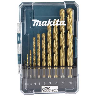 Un ensemble de forets hélicoïdaux Makita HSS-TiN de différentes tailles allant de 1 à 10 mm, dans un étui en plastique transparent.