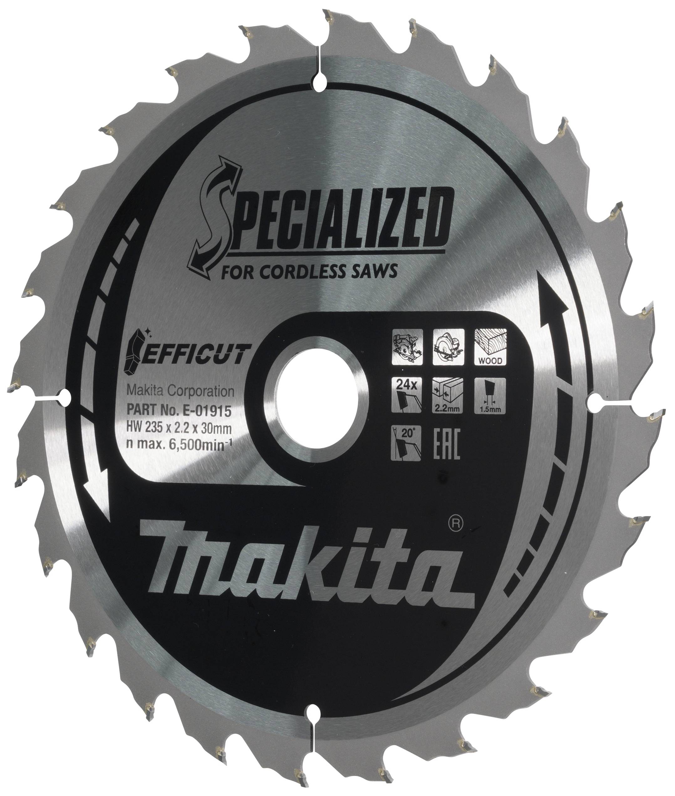 Lame de scie circulaire portant l'inscription 'Specialized for Cordless Saws Makita', adaptée pour le bois, 24 dents, vitesse maximale de 6 500 tr/min.