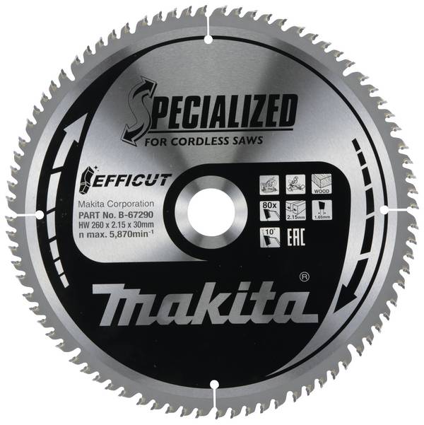 Makita B-67290 B-67290 Lame de scie circulaire 260 x 30 x 2.15 mm Nombre de dents: 80 1 pc(s)
