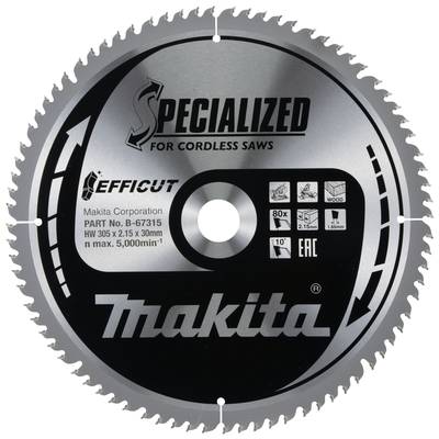 Lame de scie circulaire avec étiquettes : « Makita », « Spécialisée pour scies sans fil ». Symboles de compatibilité matériau et spécifications techniques.