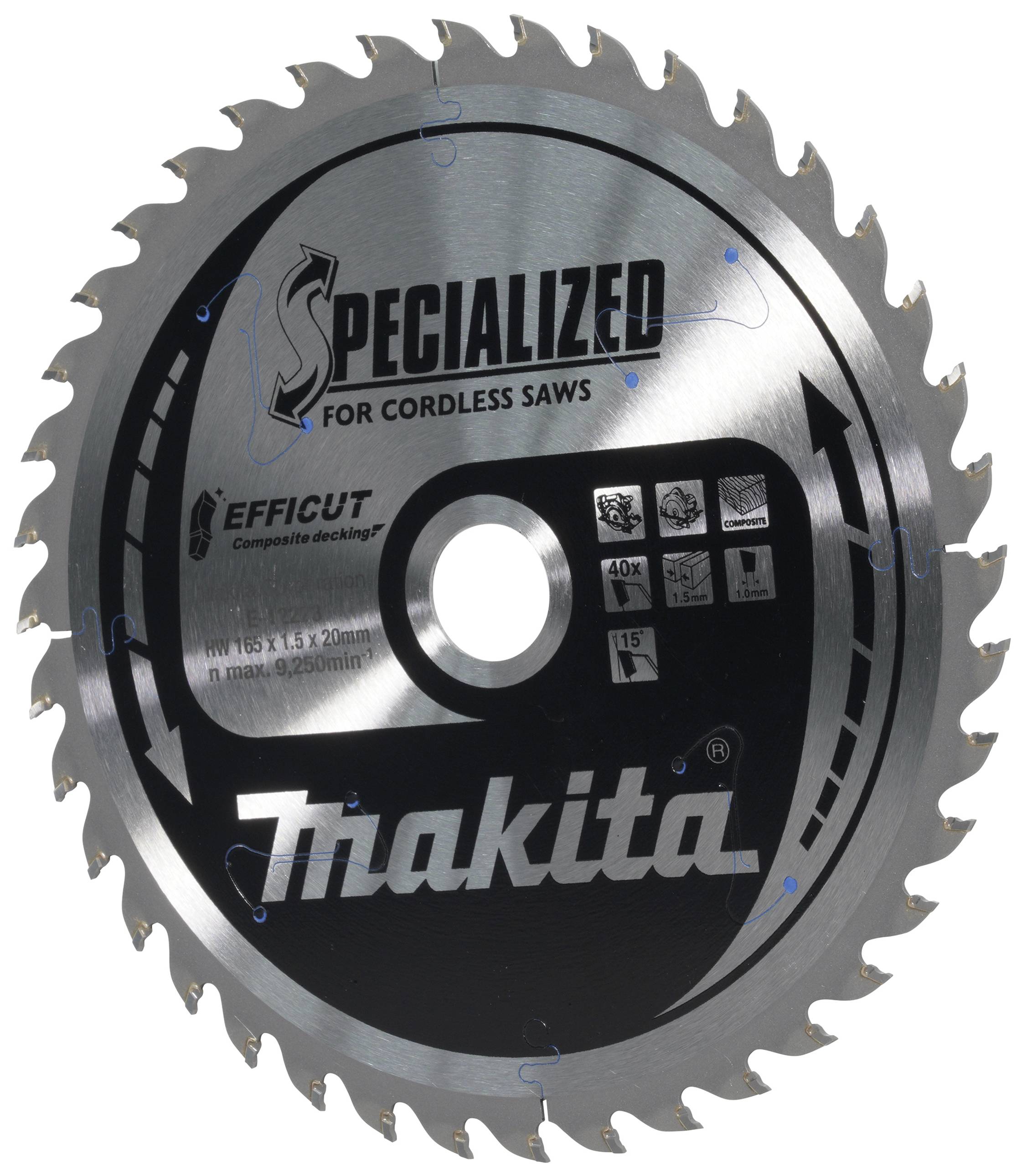 Lame de scie circulaire pour scies sans fil Makita portant l'inscription 'SPECIALIZED' et 'EFFICIUT'. Adaptée pour des coupes précises.