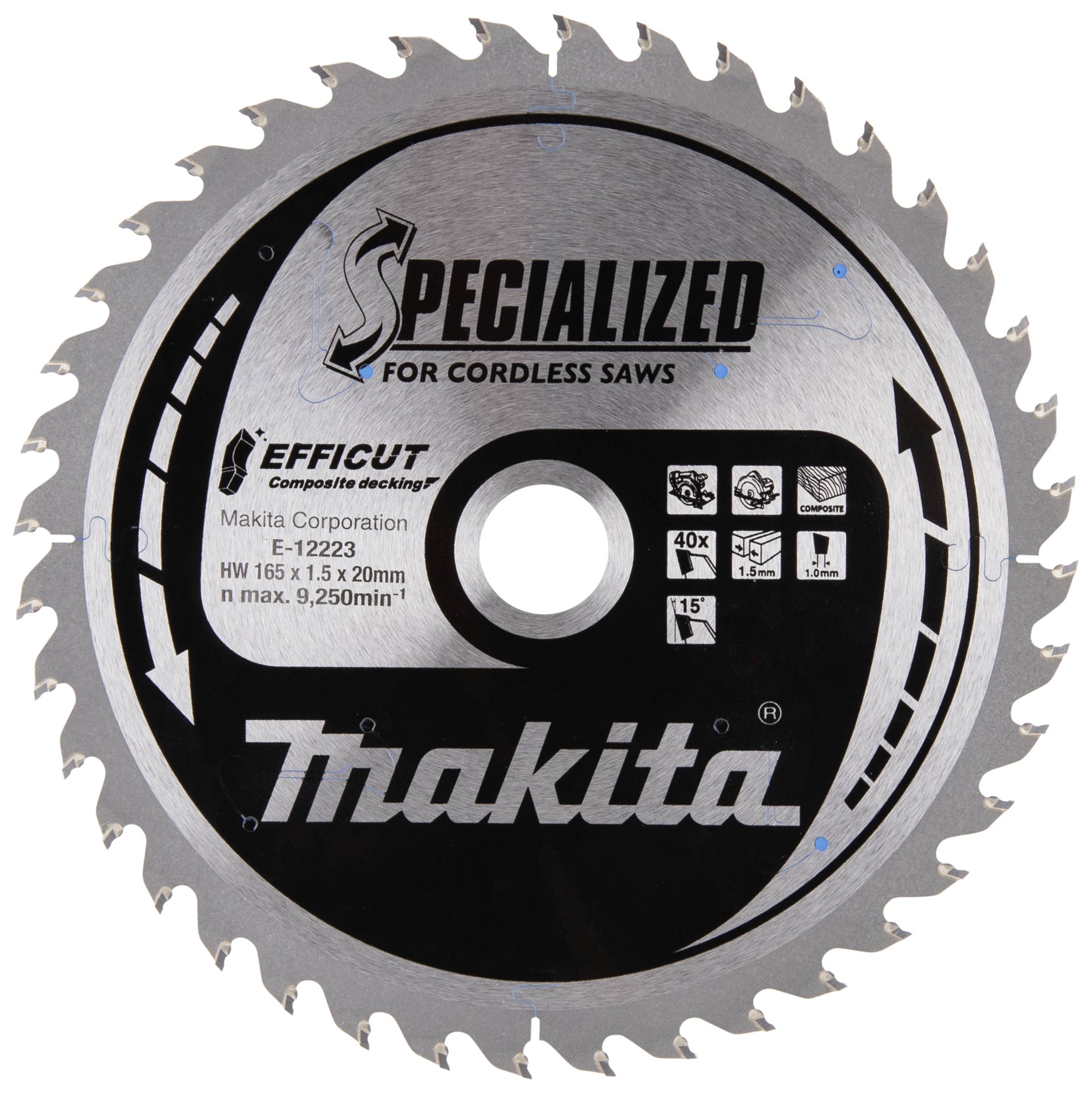 Lame de scie circulaire 'Makita Specialized', recommandée pour scies à batterie, diamètre 165 mm, épaisseur 1,5 mm, largeur de coupe 2,0 mm.