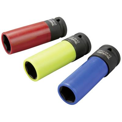 Trois embouts de clés à code couleur en rouge, jaune et bleu, disposés en biais. Idéaux pour une utilisation avec un tournevis à choc.