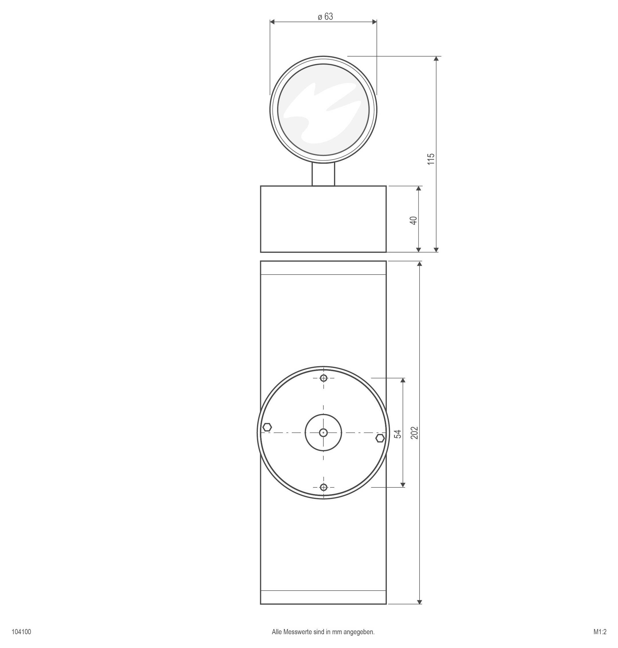 Dessin technique de vue de face d'un dispositif cylindrique avec une tête arrondie sur le dessus et une plaque de montage circulaire latérale, annoté avec des mesures en millimètres.